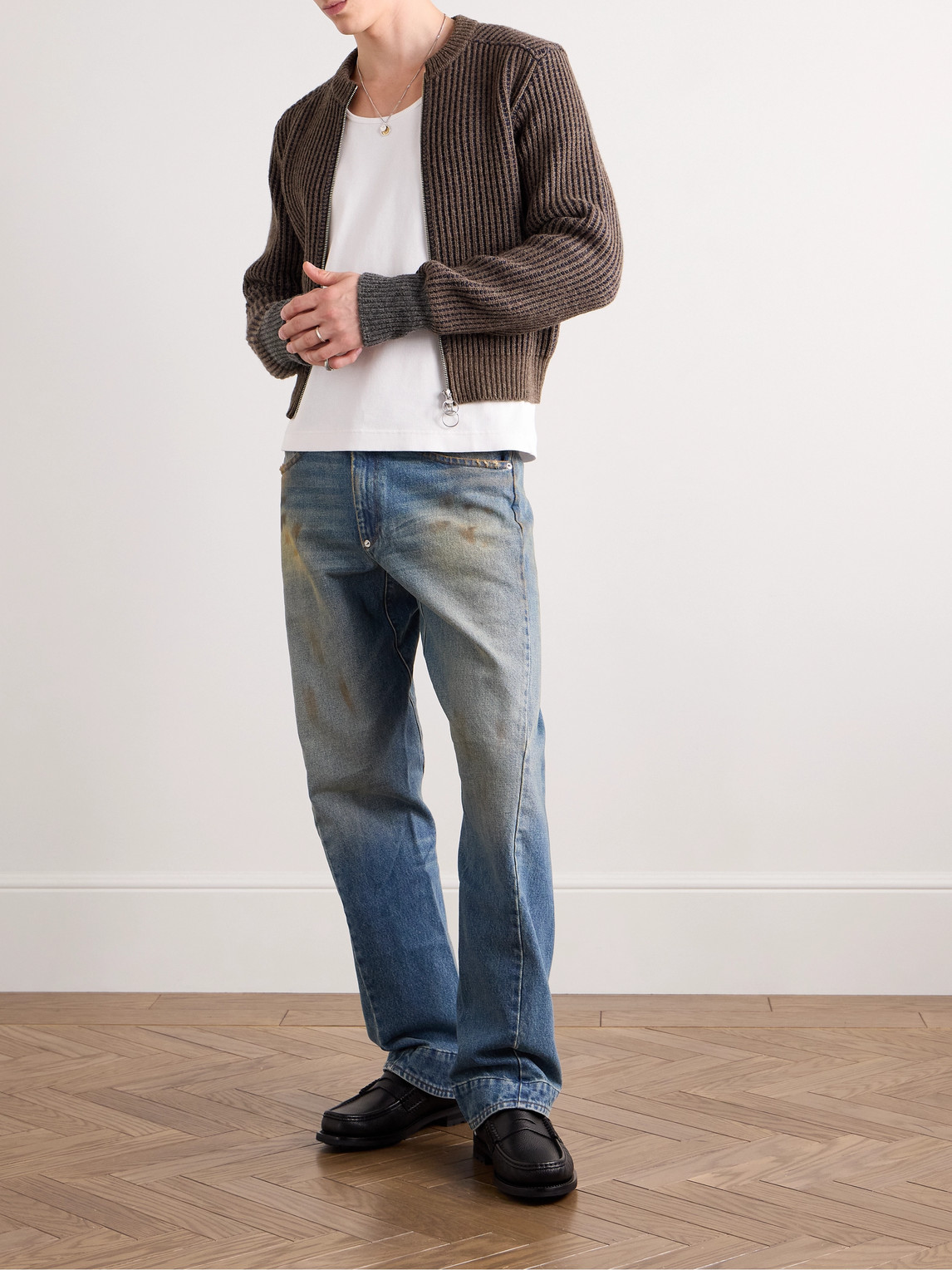 Shop Kapital Cropped Ribbed Wool Zip-up Cardigan In Brown