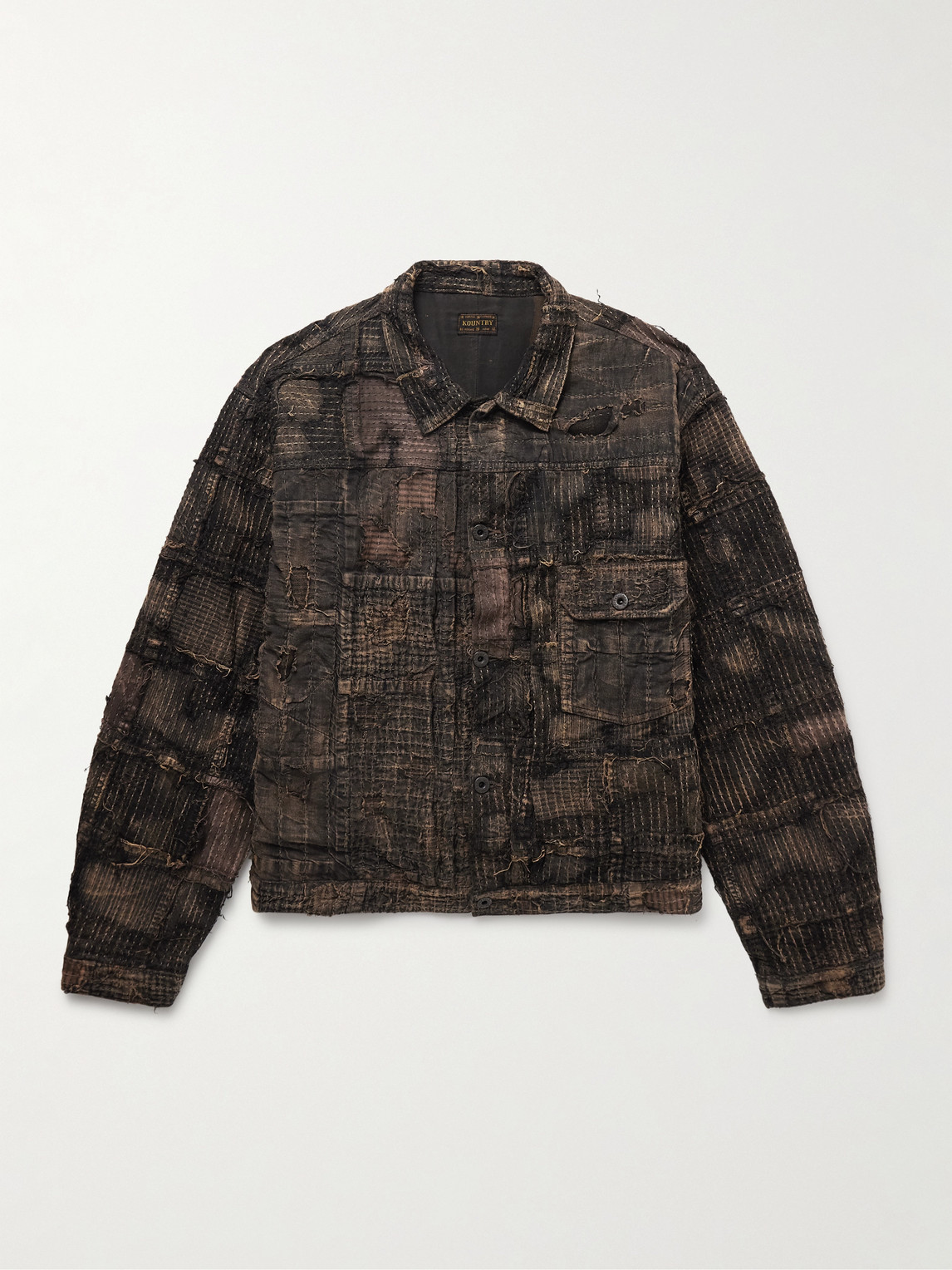 Kapital Boro Distressed Patchwork Cotton And Linen-blend Jacket In Brown