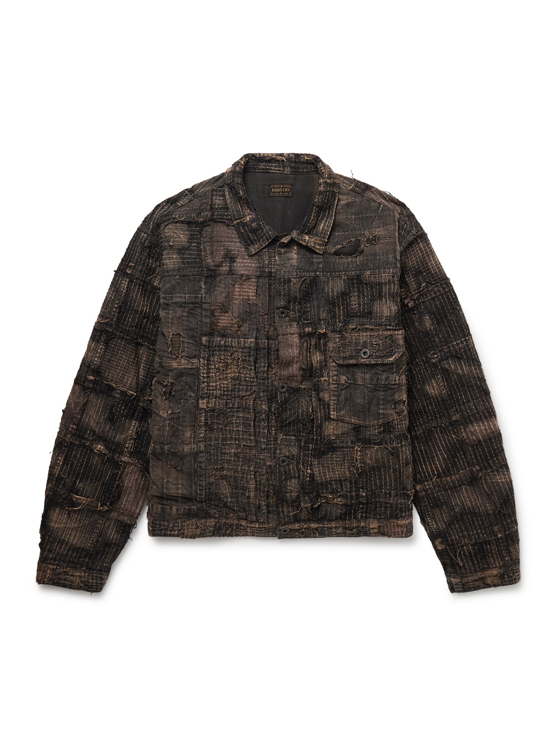 Kapital Boro Distressed Patchwork Cotton And Linen-blend Jacket In Brown