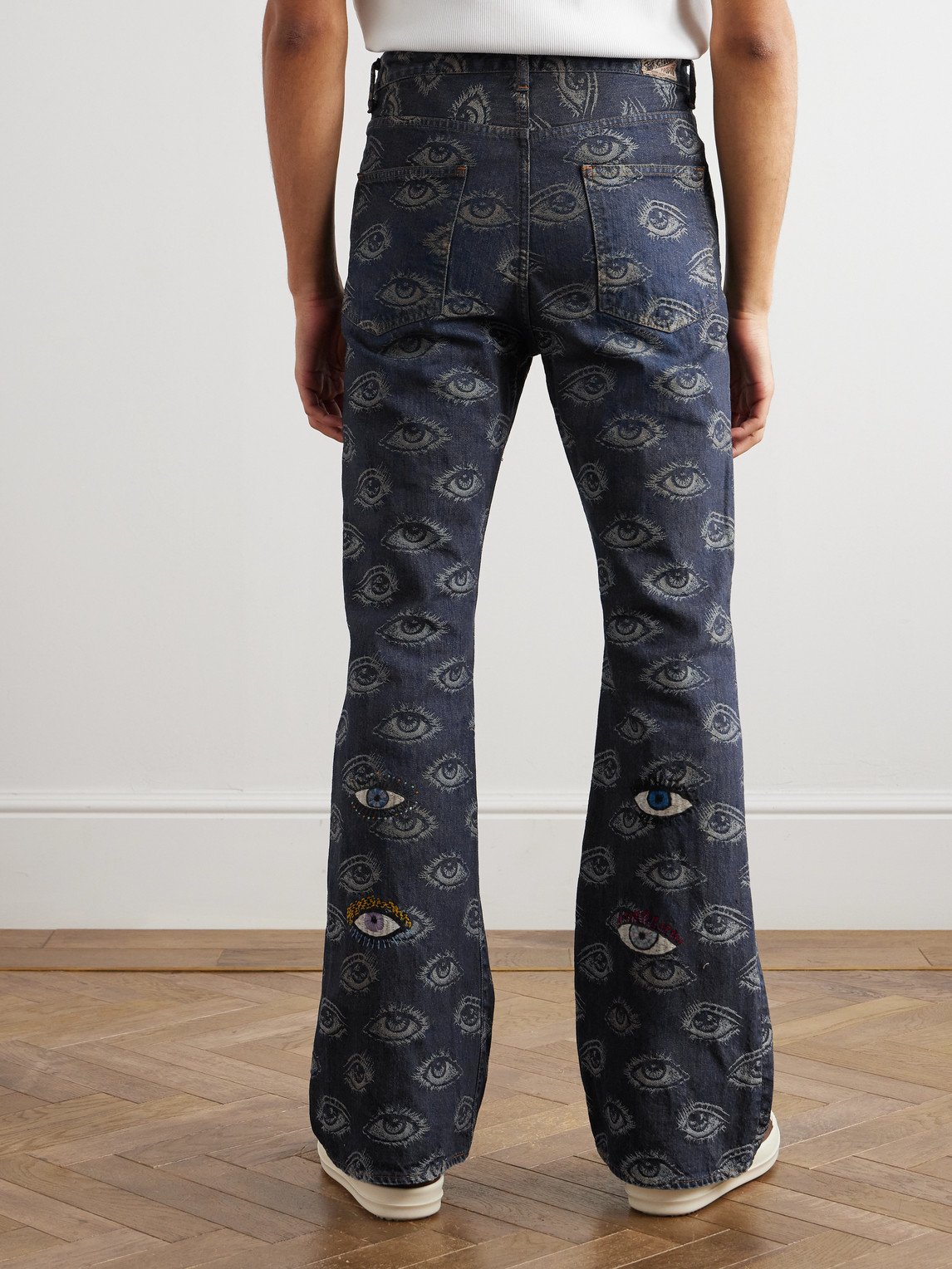 Shop Kapital Speakeasy Slim-fit Flared Printed Distressed Jeans In Blue