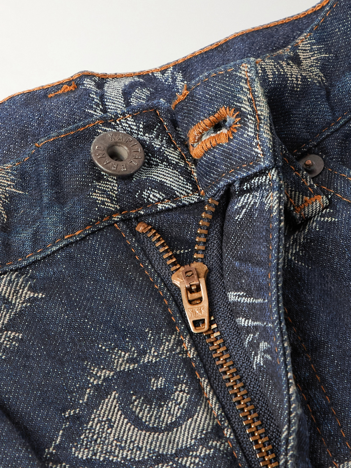 Shop Kapital Speakeasy Slim-fit Flared Printed Distressed Jeans In Blue