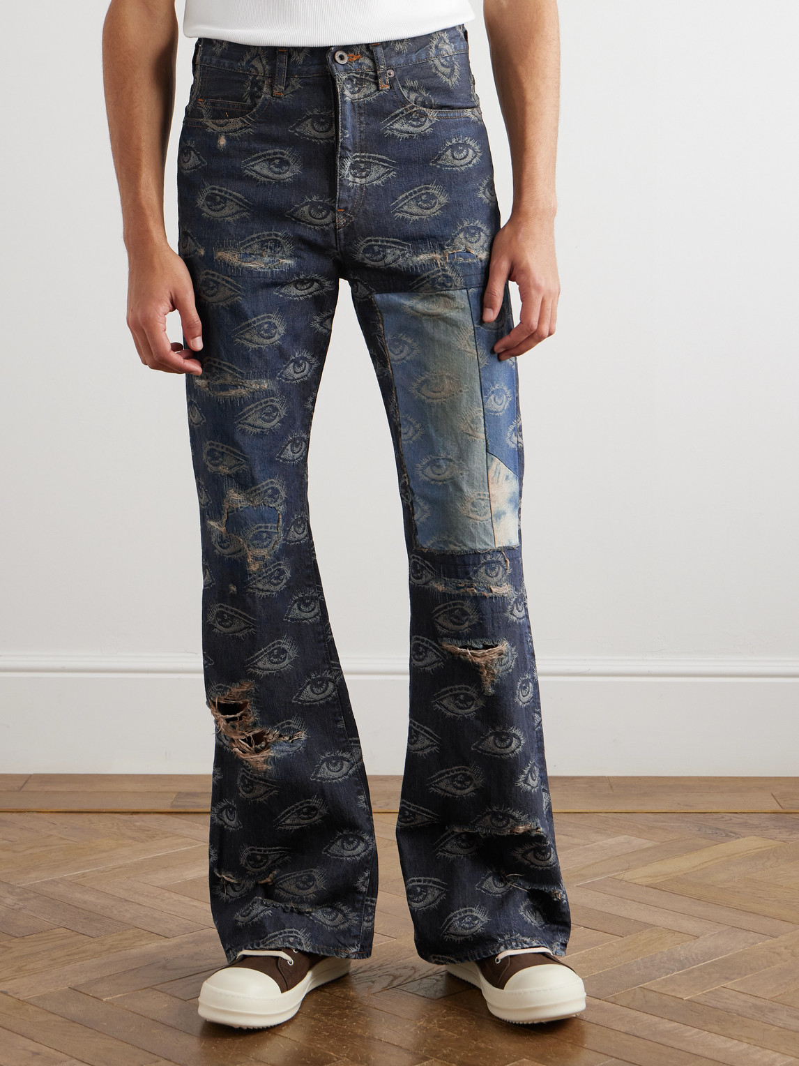 Shop Kapital Speakeasy Slim-fit Flared Printed Distressed Jeans In Blue