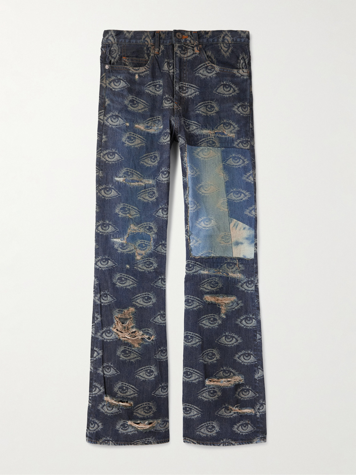Kapital Speakeasy Slim-fit Flared Printed Distressed Jeans In Blue