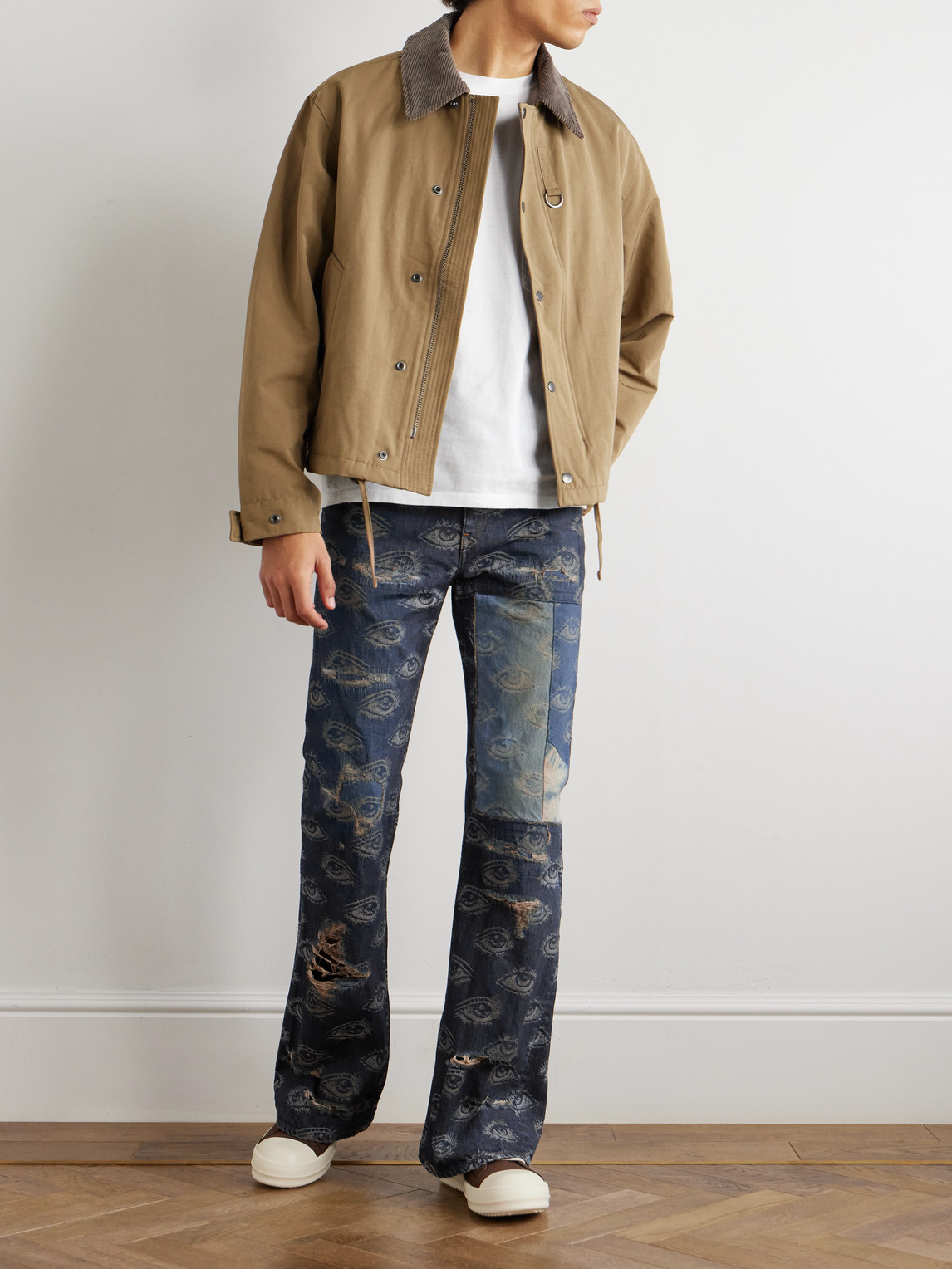 Shop Kapital Speakeasy Slim-fit Flared Printed Distressed Jeans In Blue