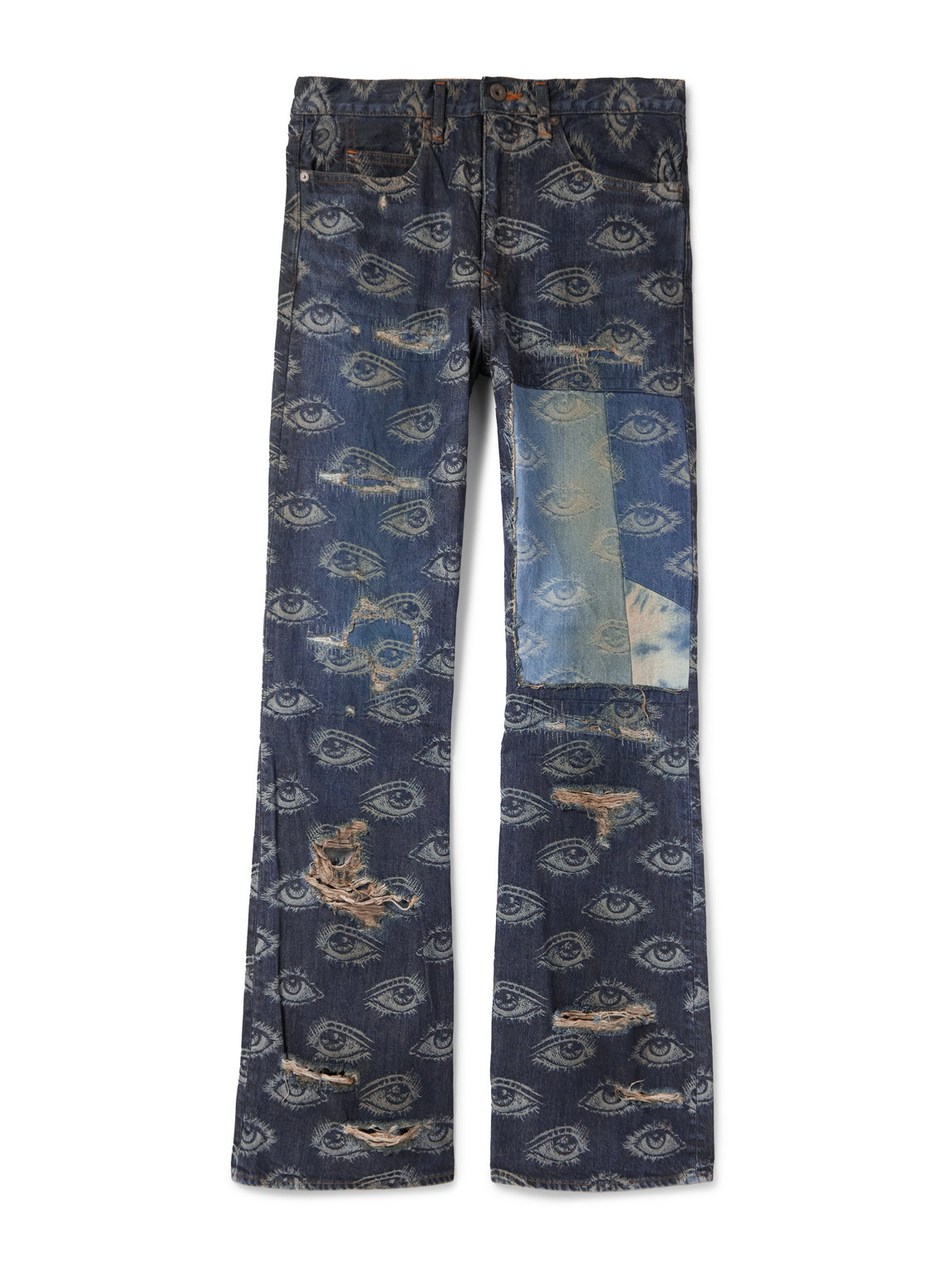 Kapital Speakeasy Slim-fit Flared Printed Distressed Jeans In Blue