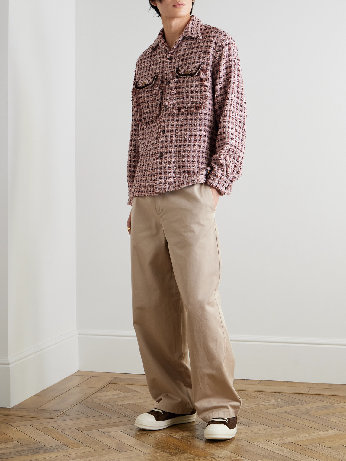 Shop Kapital Wool-blend Tweed Overshirt In Pink