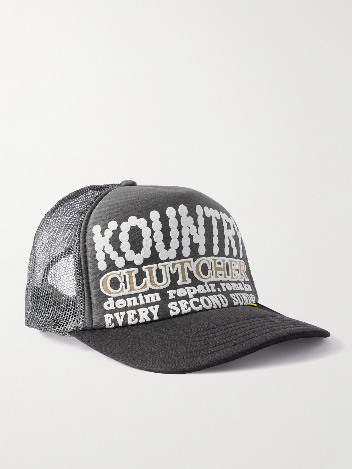 Kapital Kountry Pearl Clutcher Printed Canvas And Mesh Trucker Cap In Gray