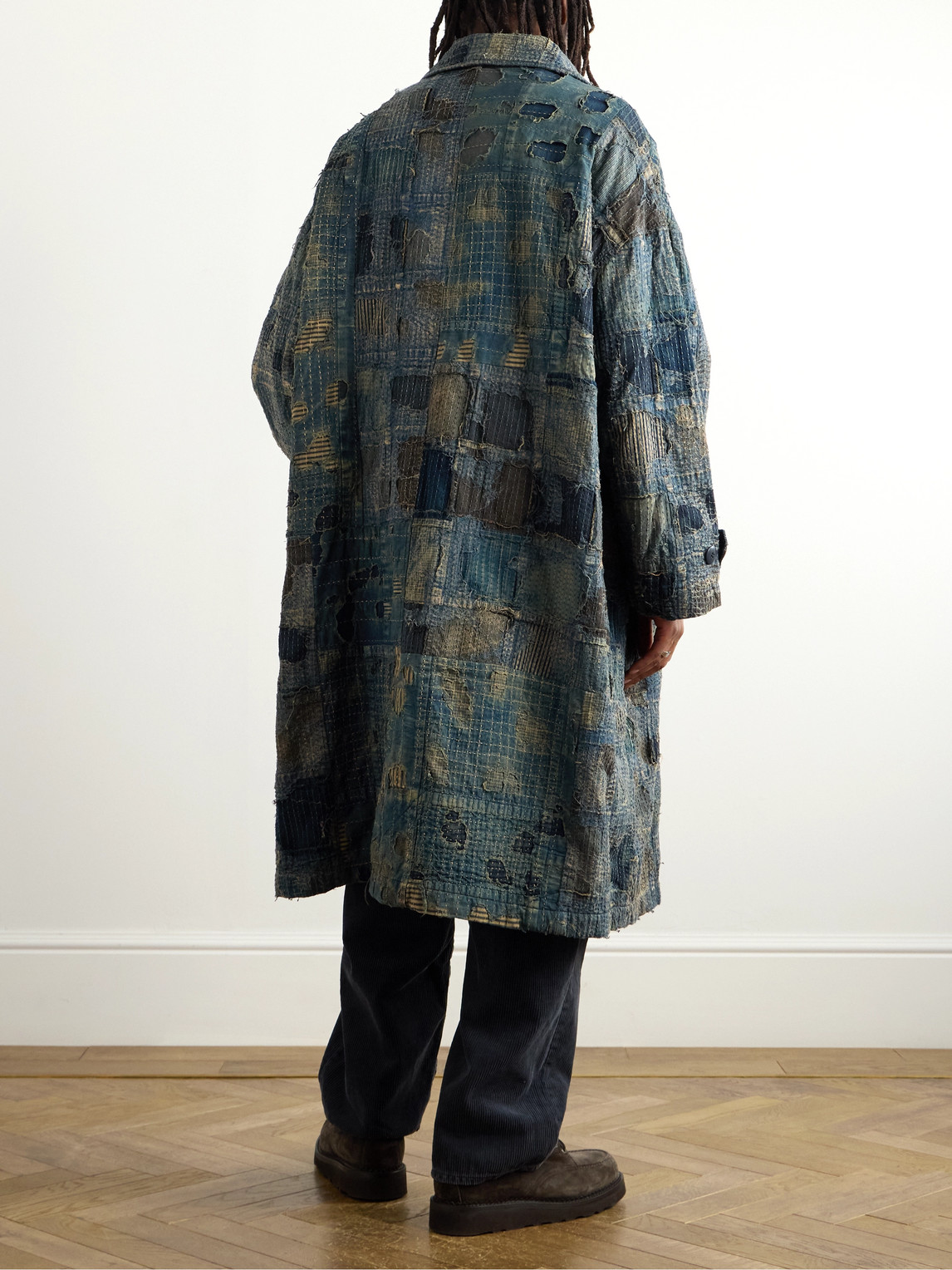 Shop Kapital Boro Cavalier Distressed Cotton And Linen-blend Jacket In Blue