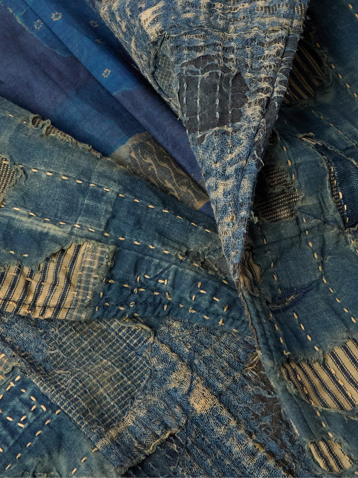 Shop Kapital Boro Cavalier Distressed Cotton And Linen-blend Jacket In Blue