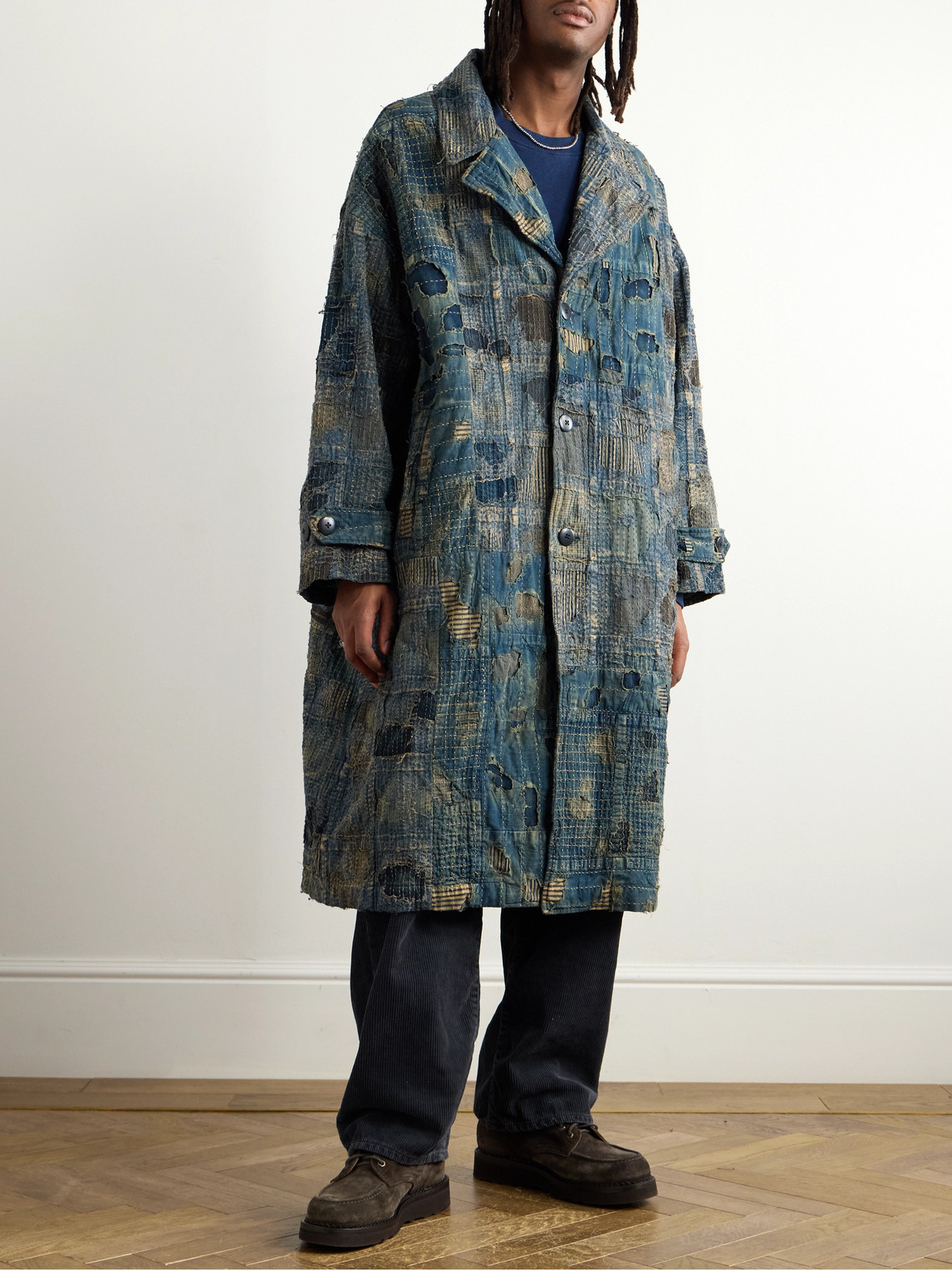 Shop Kapital Boro Cavalier Distressed Cotton And Linen-blend Jacket In Blue
