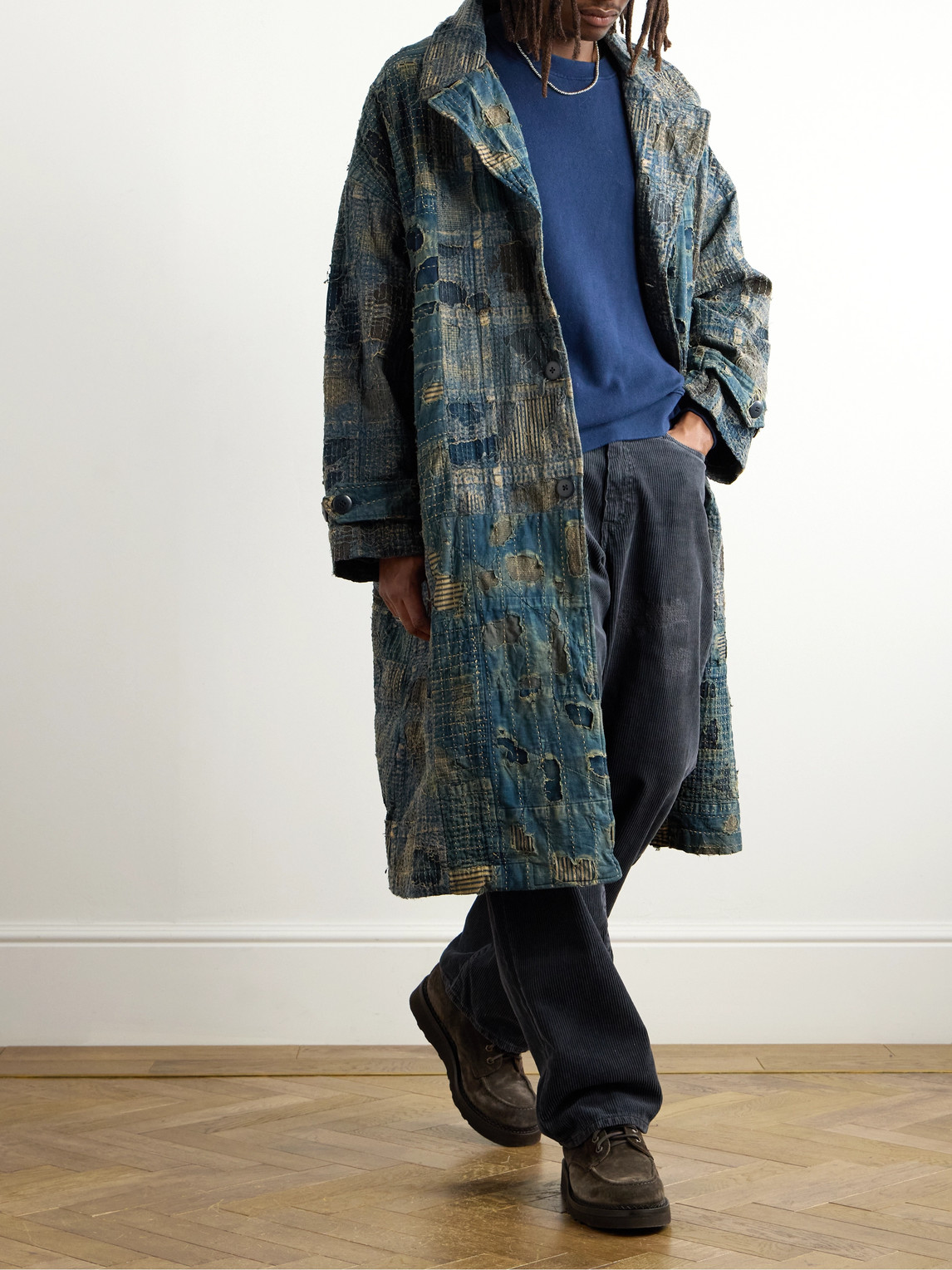 Shop Kapital Boro Cavalier Distressed Cotton And Linen-blend Jacket In Blue