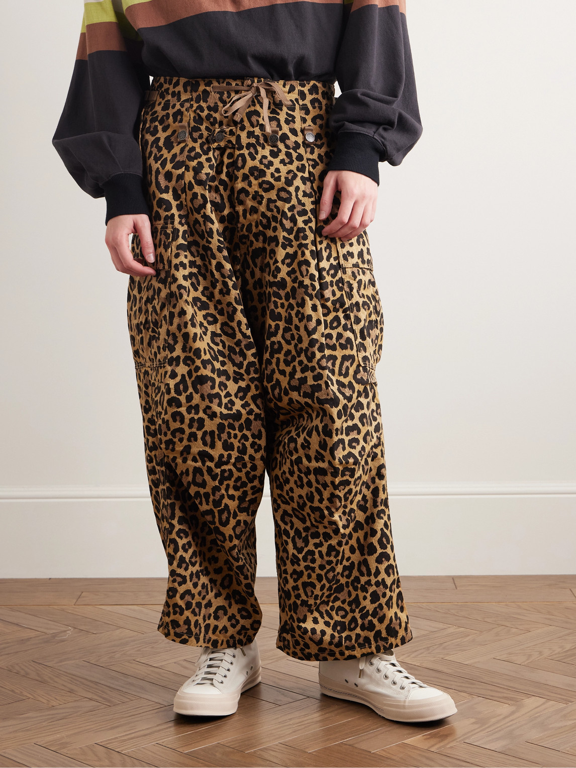Shop Kapital Wide-leg Leopard-print Herringbone Cotton Cargo Trousers In Animal Print