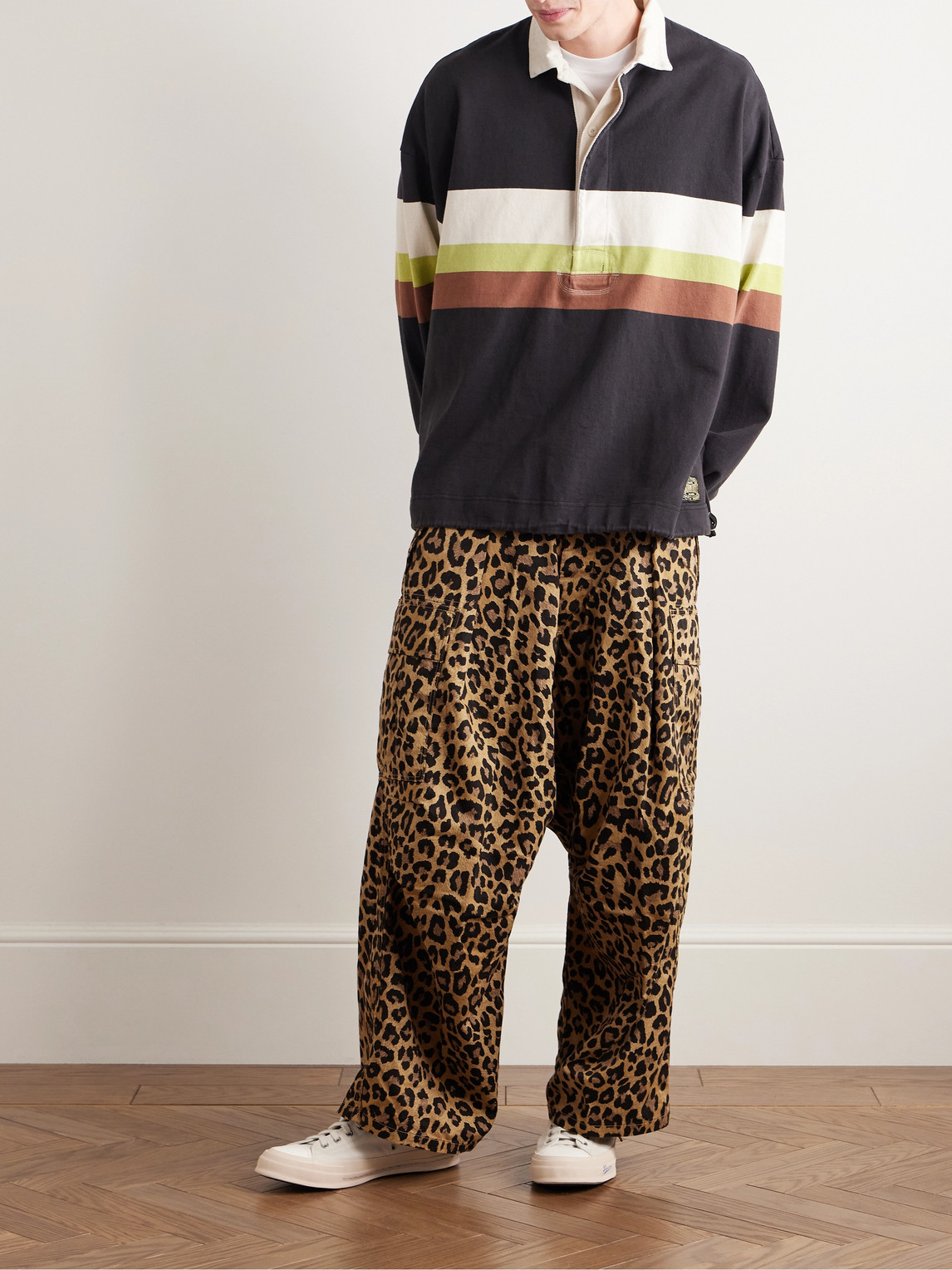Shop Kapital Wide-leg Leopard-print Herringbone Cotton Cargo Trousers In Animal Print
