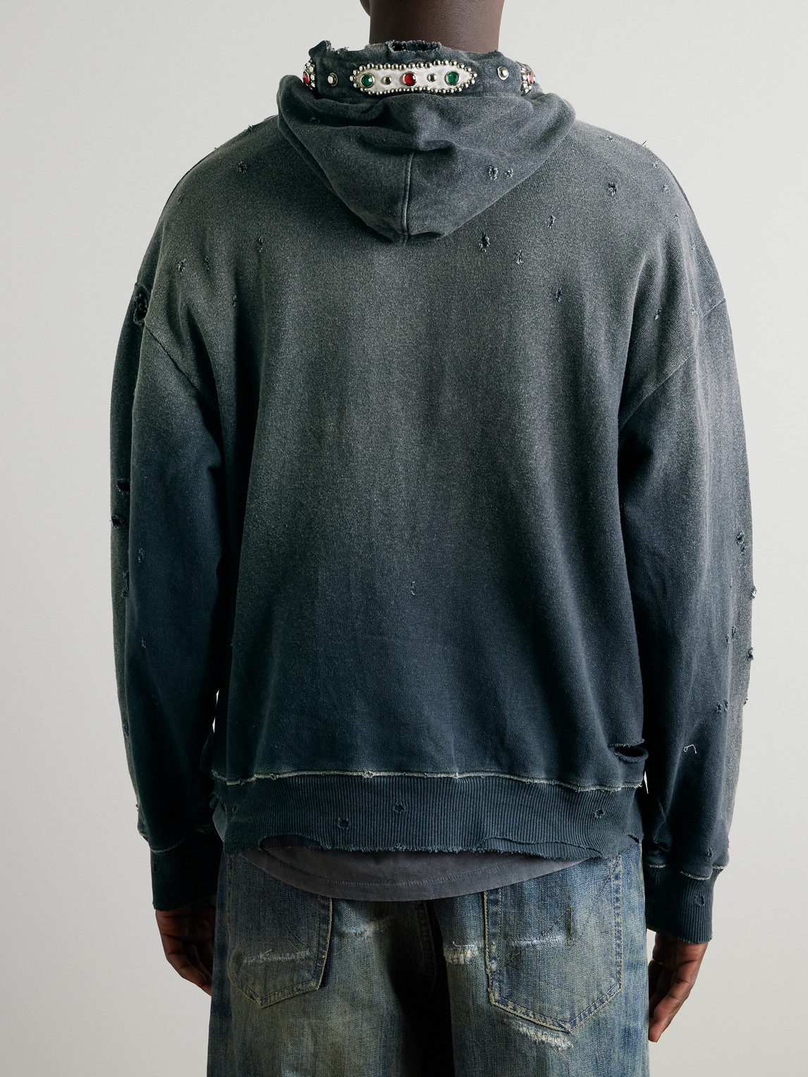 Shop Kapital Embellished Suede-trimmed Distressed Cotton-jersey Hoodie In Gray