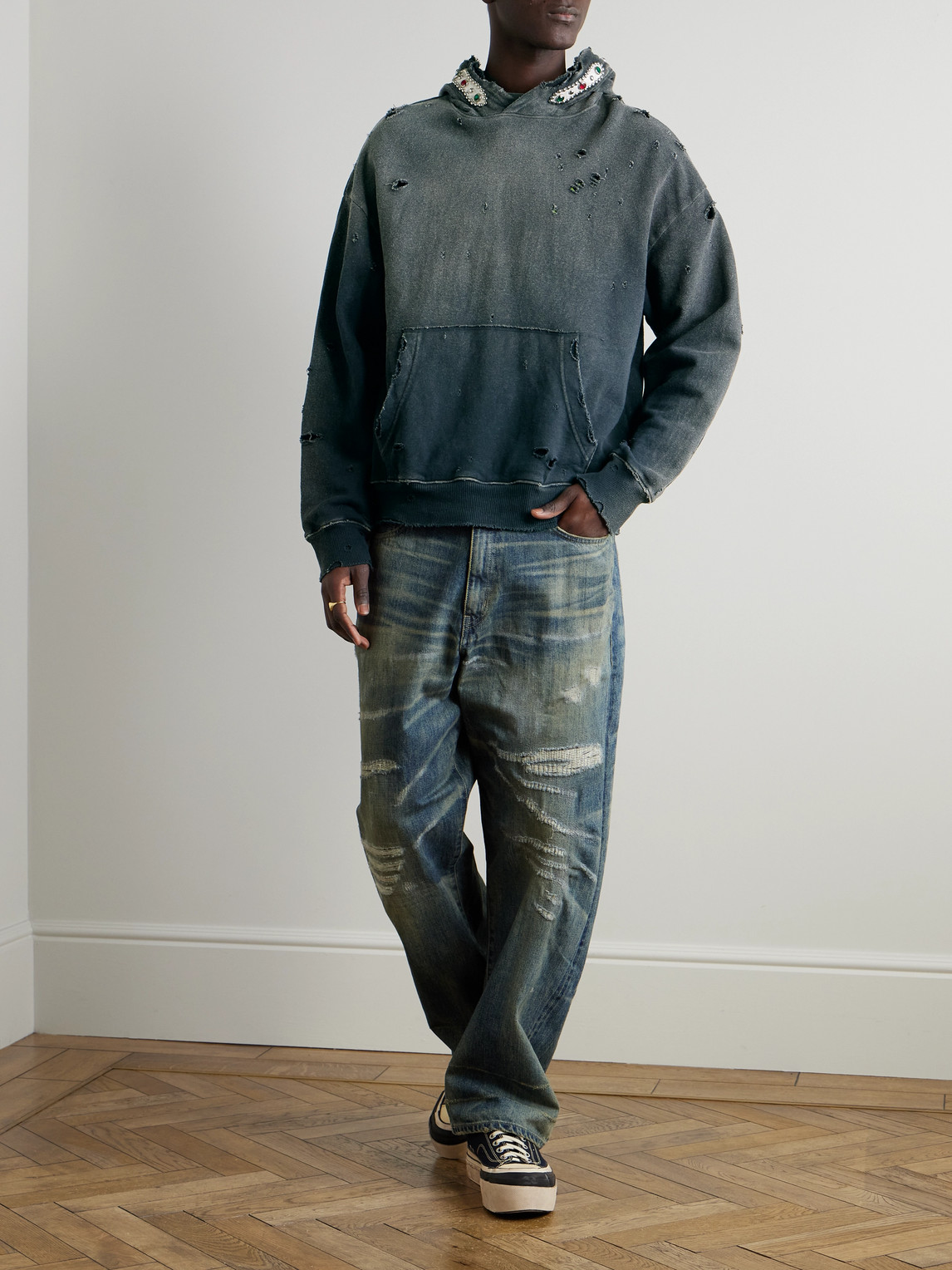 Shop Kapital Embellished Suede-trimmed Distressed Cotton-jersey Hoodie In Gray