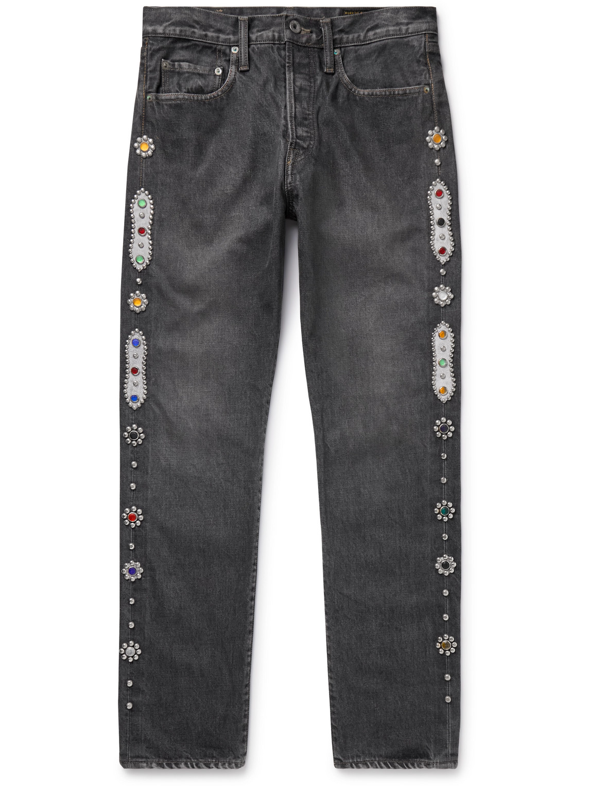 Kapital Monkey Cisco Straight-leg Embellished Leather-trimmed Jeans In Gray