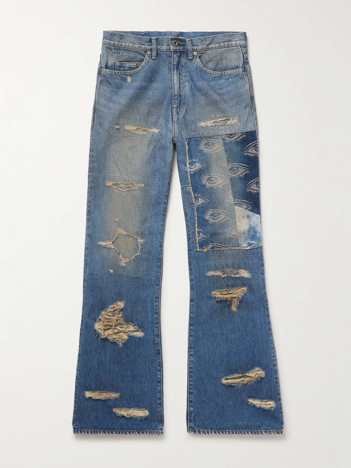 KAPITAL Flared Distressed Patchwork Jeans - Men