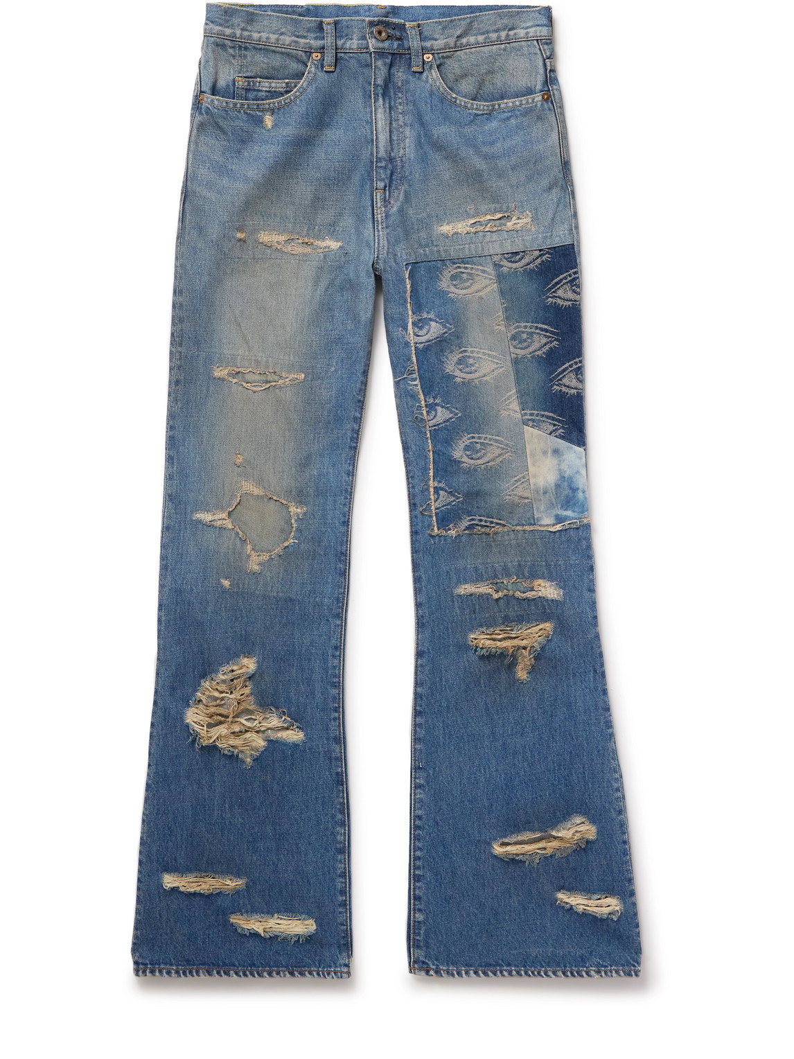 Kapital Flared Distressed Patchwork Jeans In Blue