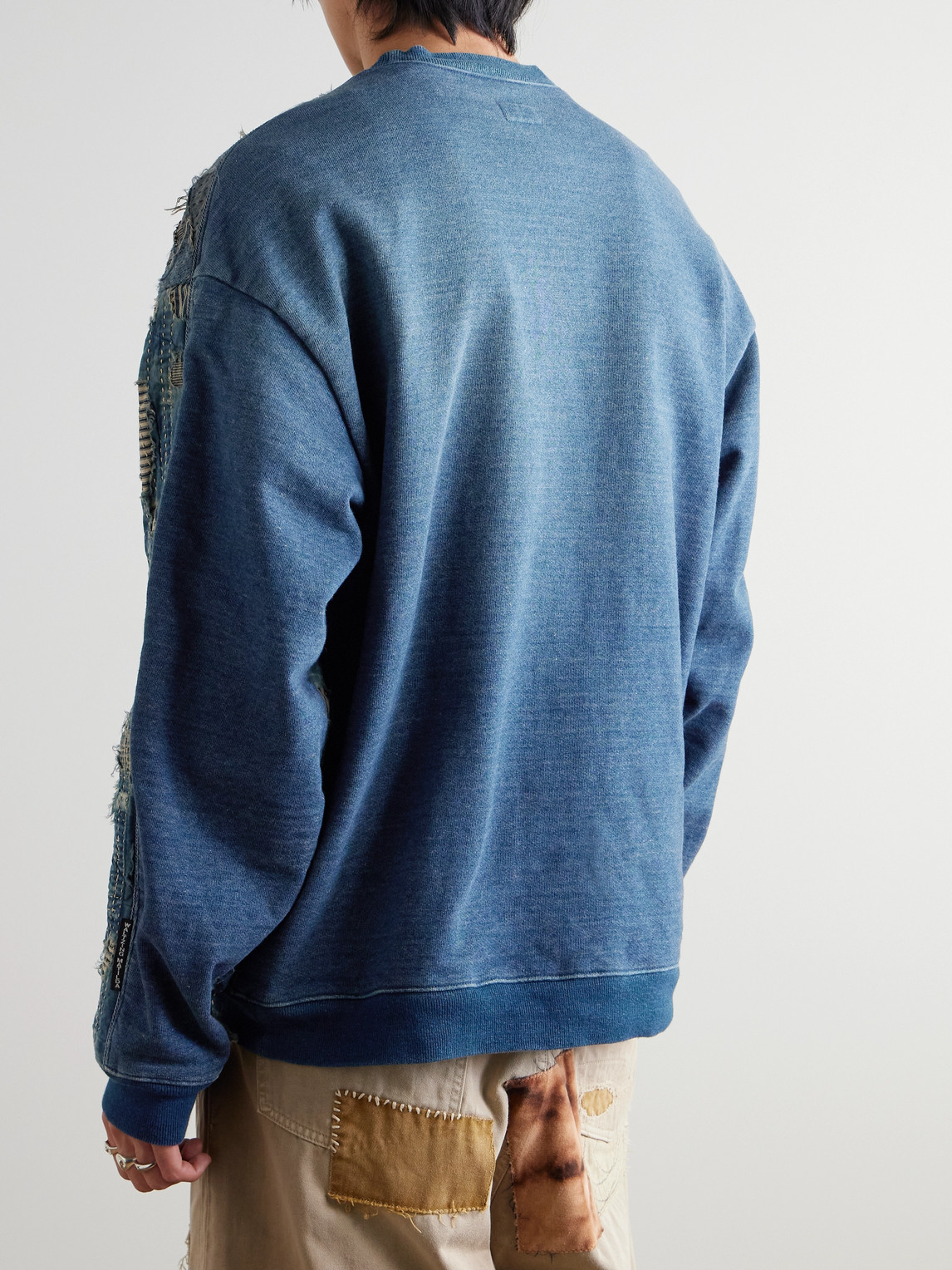 Shop Kapital Boro Distressed Patchwork Cotton And Linen-blend Sweatshirt In Blue