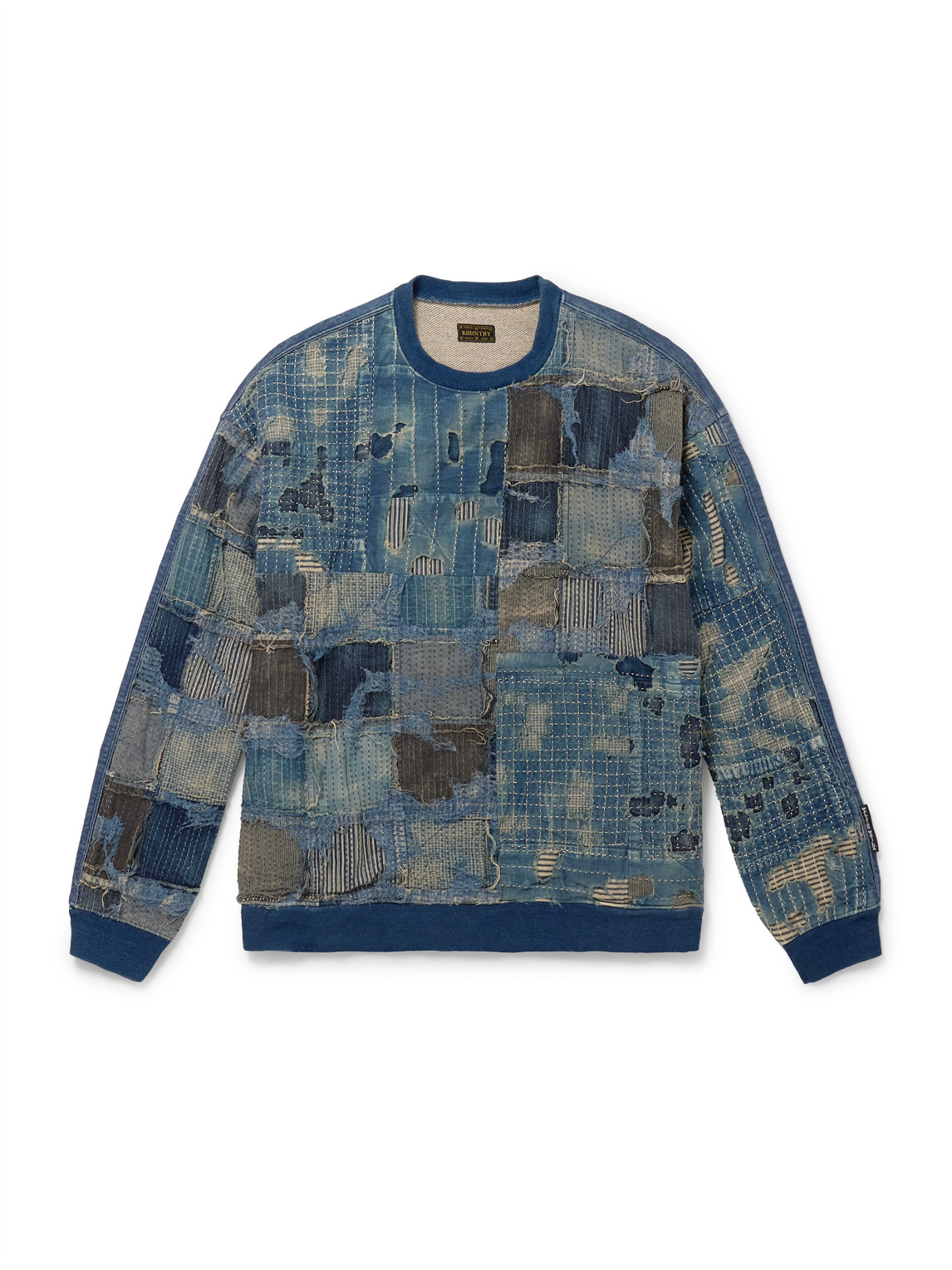 Shop Kapital Boro Distressed Patchwork Cotton And Linen-blend Sweatshirt In Blue