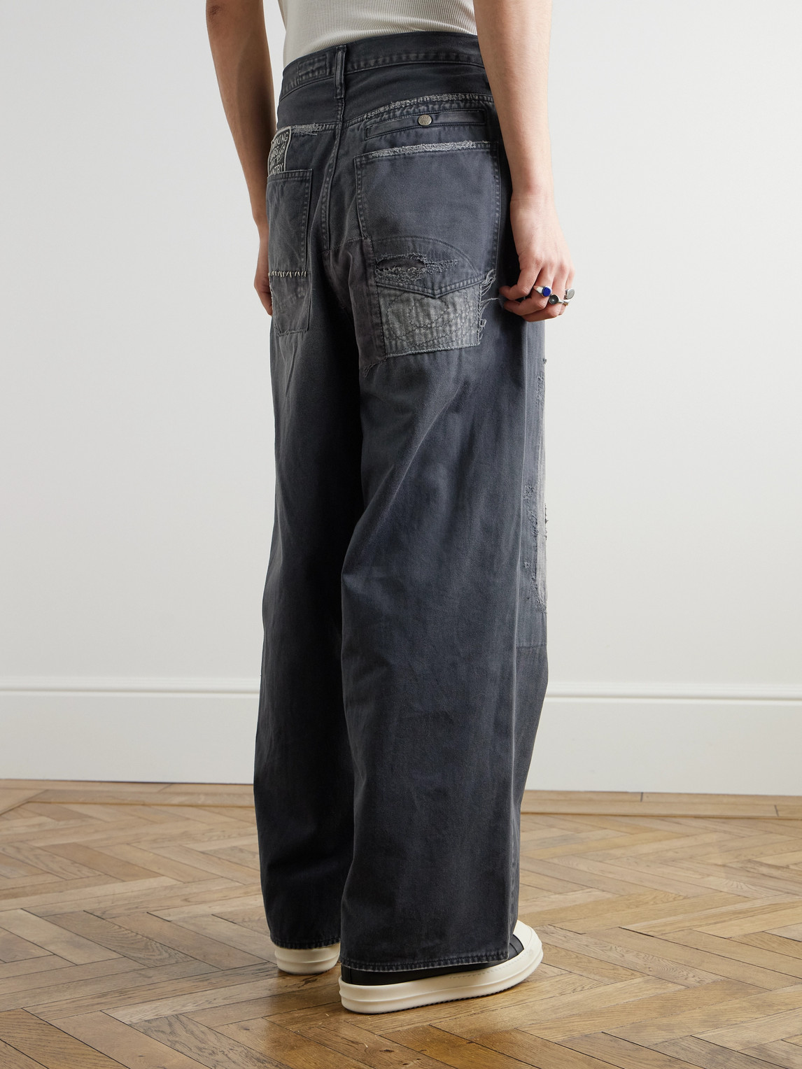 Shop Kapital Katsuragi Port Straight-leg Patchwork Distressed Cotton-twill Trousers In Black