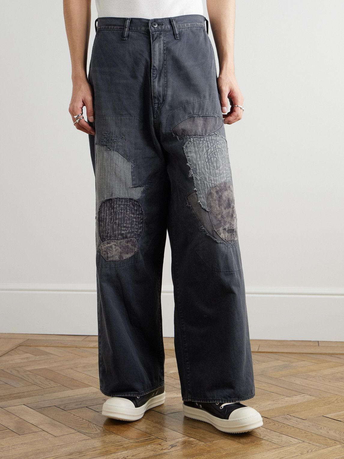Shop Kapital Katsuragi Port Straight-leg Patchwork Distressed Cotton-twill Trousers In Black
