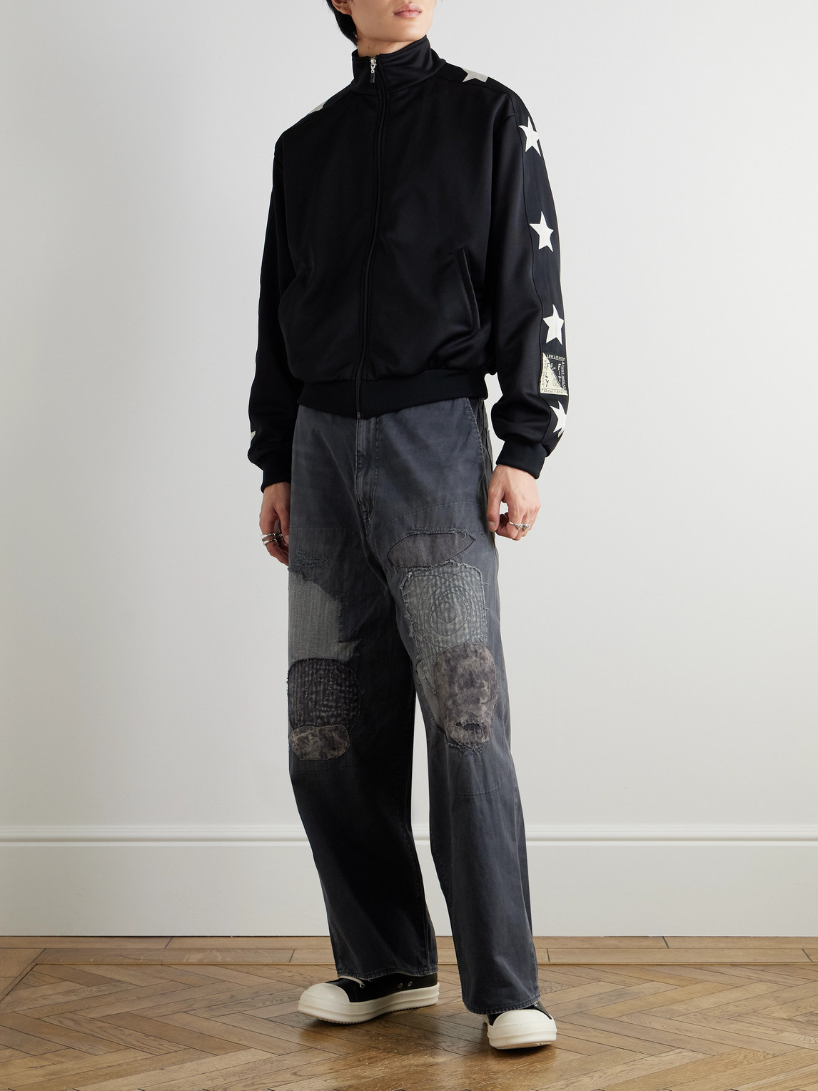 Shop Kapital Katsuragi Port Straight-leg Patchwork Distressed Cotton-twill Trousers In Black