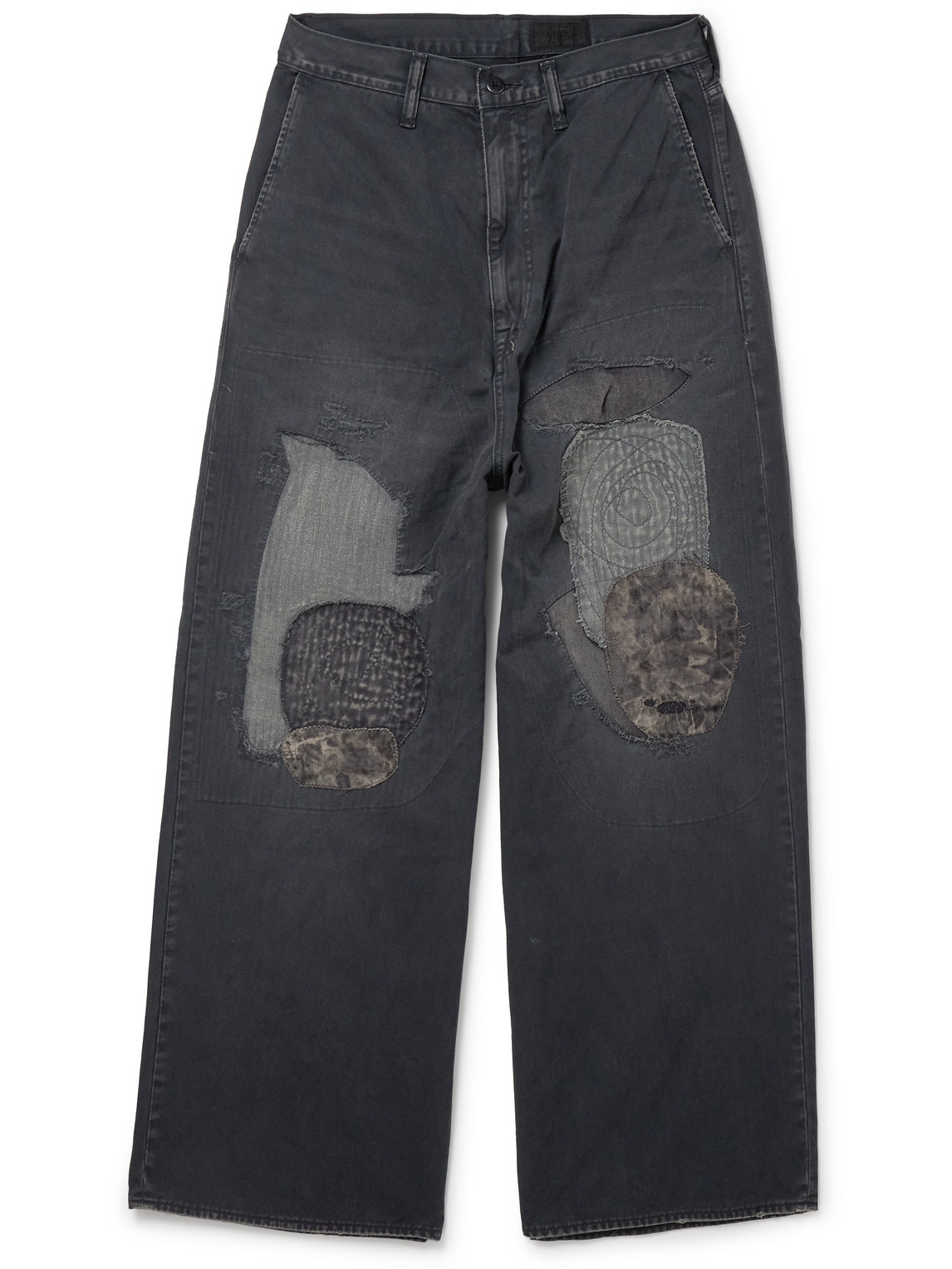 Shop Kapital Katsuragi Port Straight-leg Patchwork Distressed Cotton-twill Trousers In Black