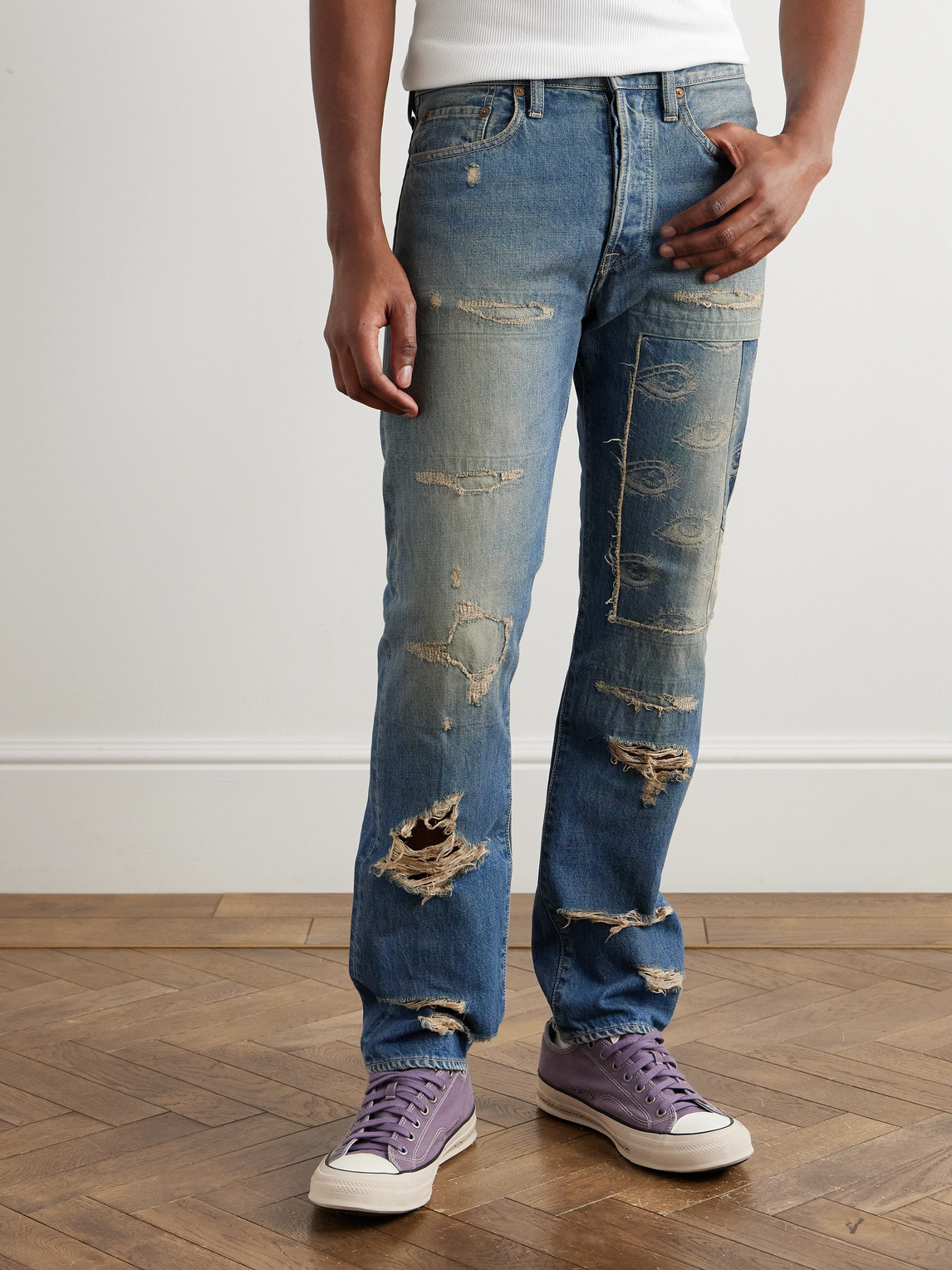 Shop Kapital Monkey Cisco Speakeasy Slim-fit Distressed Denim Jeans In Blue