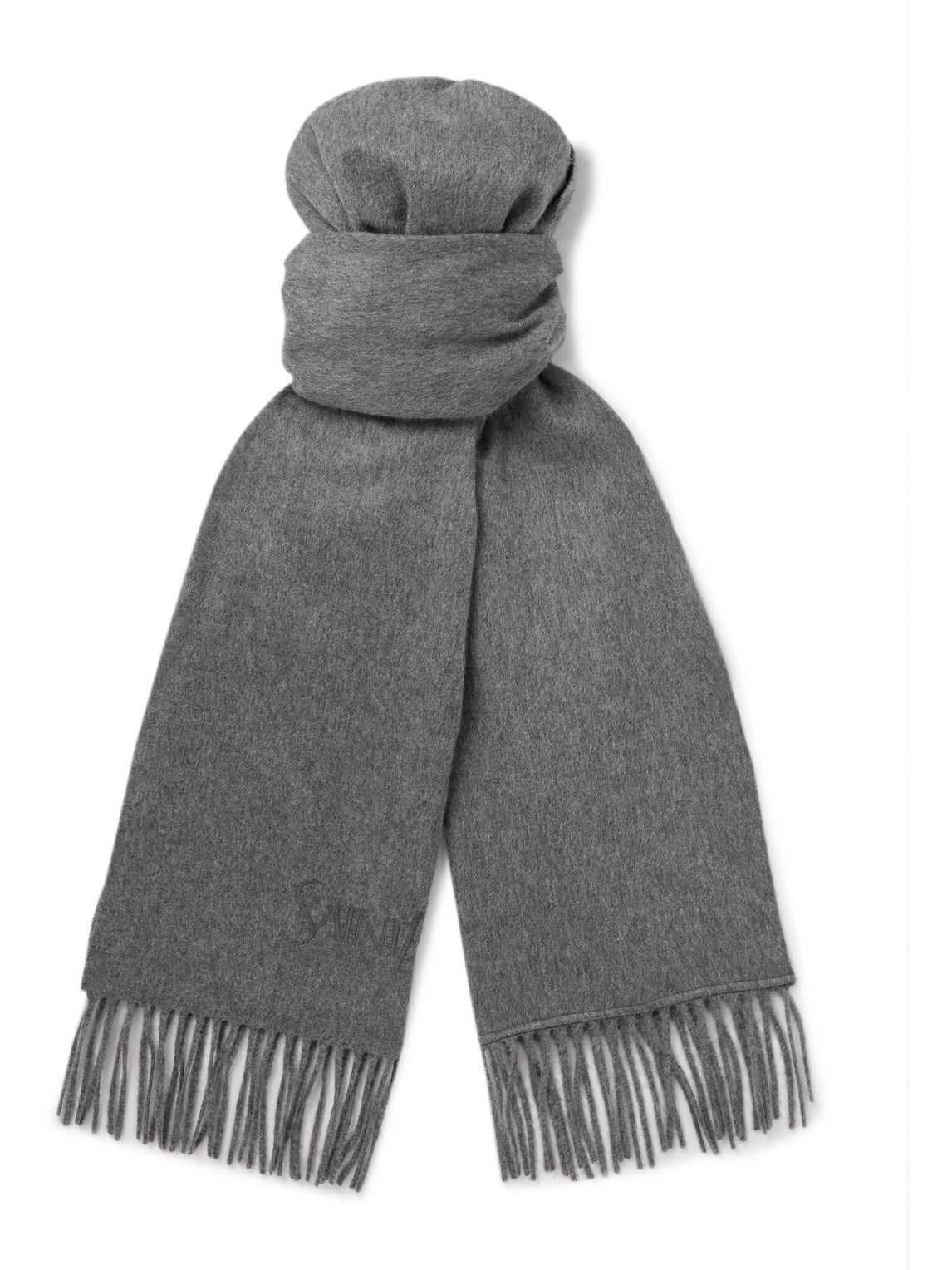 Saint Laurent Logo-embroidered Fringed Cashmere Scarf In Grey