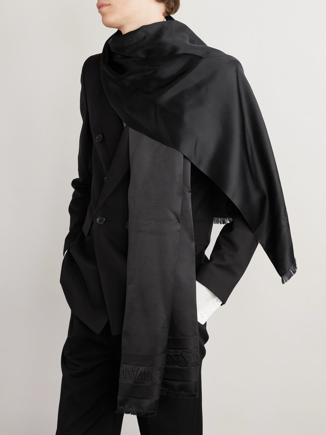 Saint Laurent Logo-jacquard Silk-satin Scarf In Black
