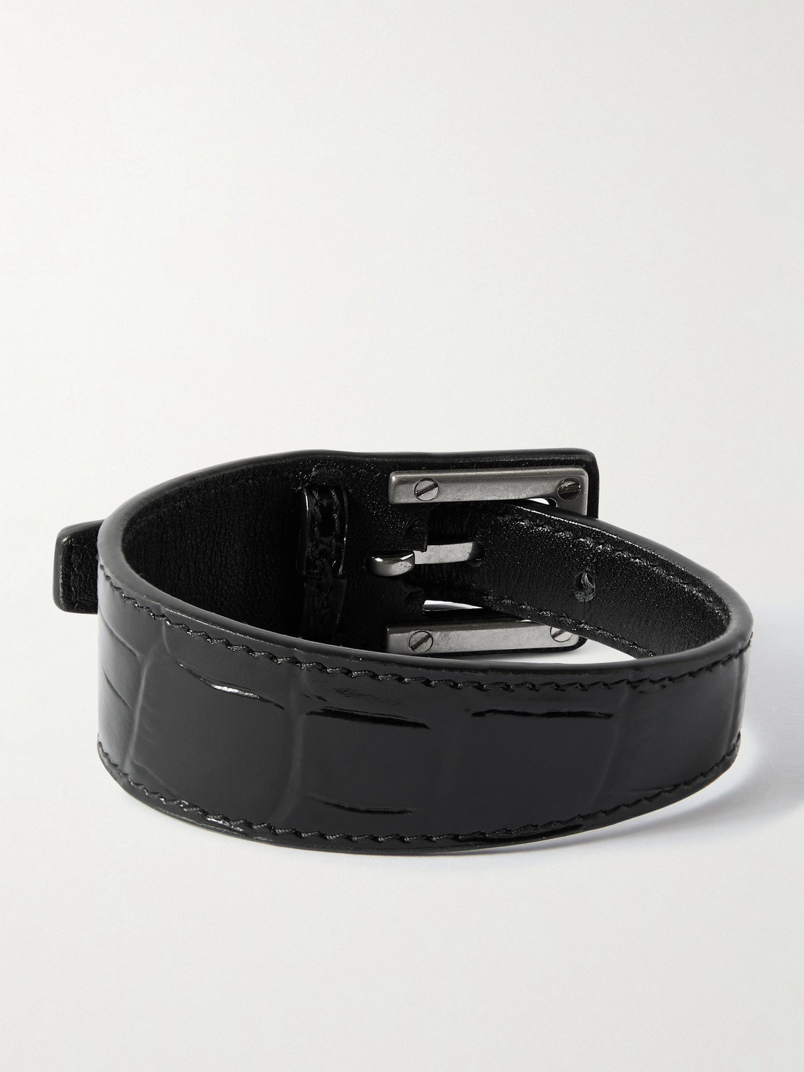 Saint Laurent Silver-tone And Croc-effect Leather Bracelet In Black