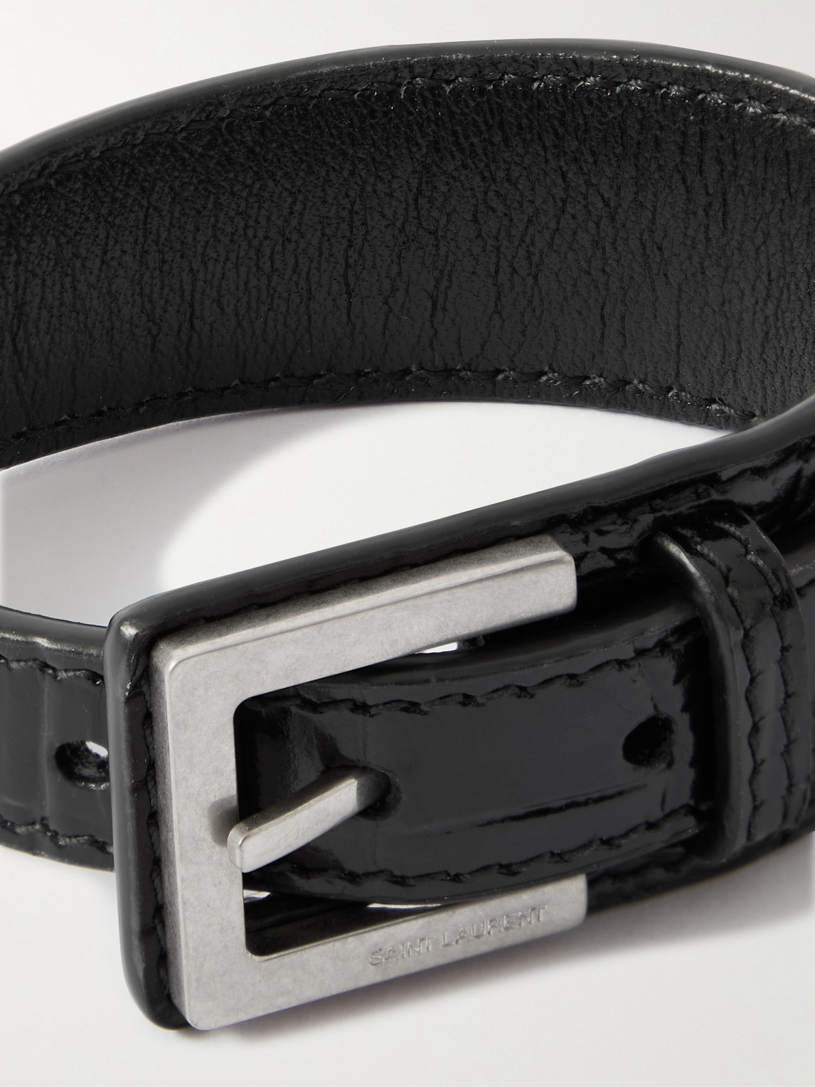 Saint Laurent Silver-tone And Croc-effect Leather Bracelet In Black