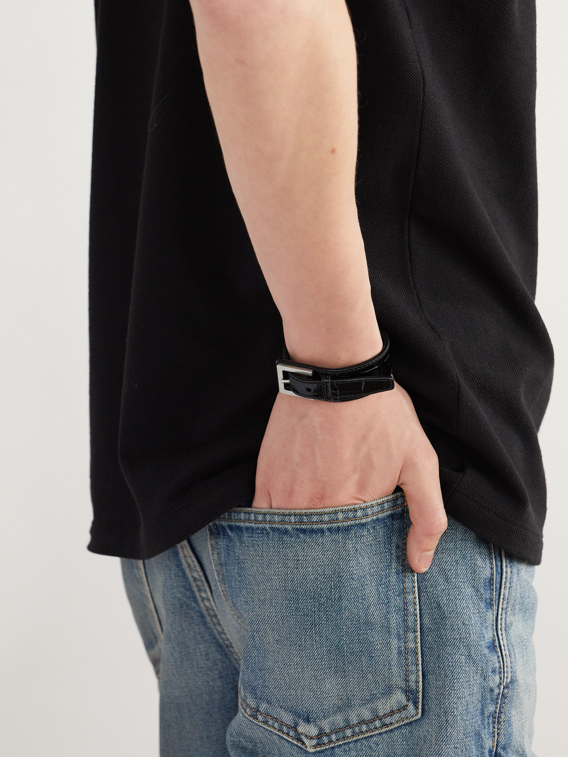 Saint Laurent Silver-tone And Croc-effect Leather Bracelet In Black