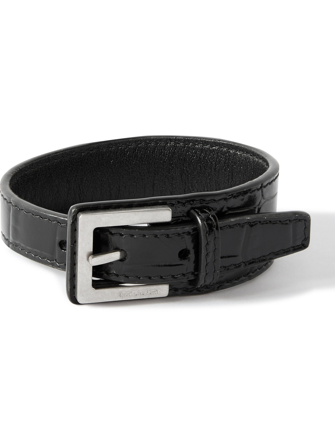 Saint Laurent Silver-tone And Croc-effect Leather Bracelet In Black