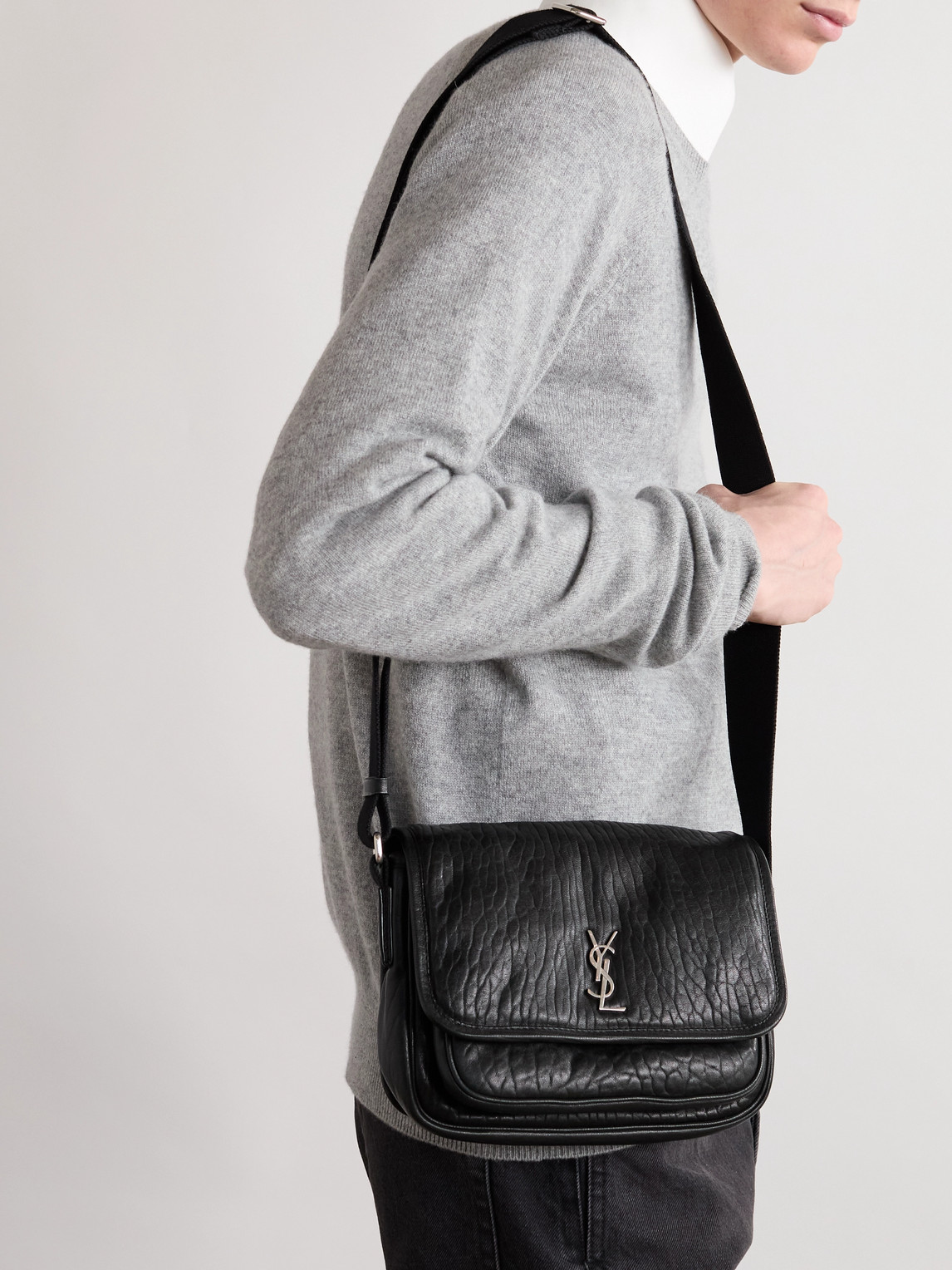 Saint Laurent Niki Small Logo-appliquéd Textured-leather Messenger Bag In Black