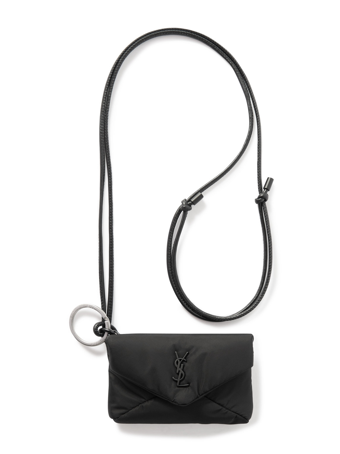 Saint Laurent Cassandre Logo-appliquéd Leather-trimmed Quilted Padded Nylon Pouch In Black
