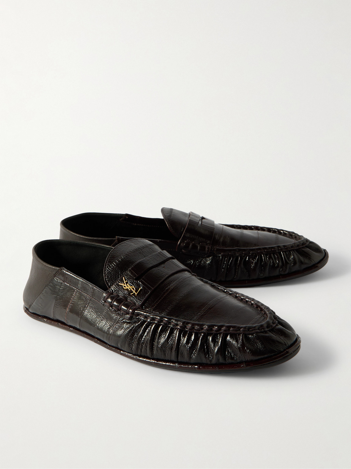 Saint Laurent Logo-embellished Collapsible-heel Leather Penny Loafers In Brown