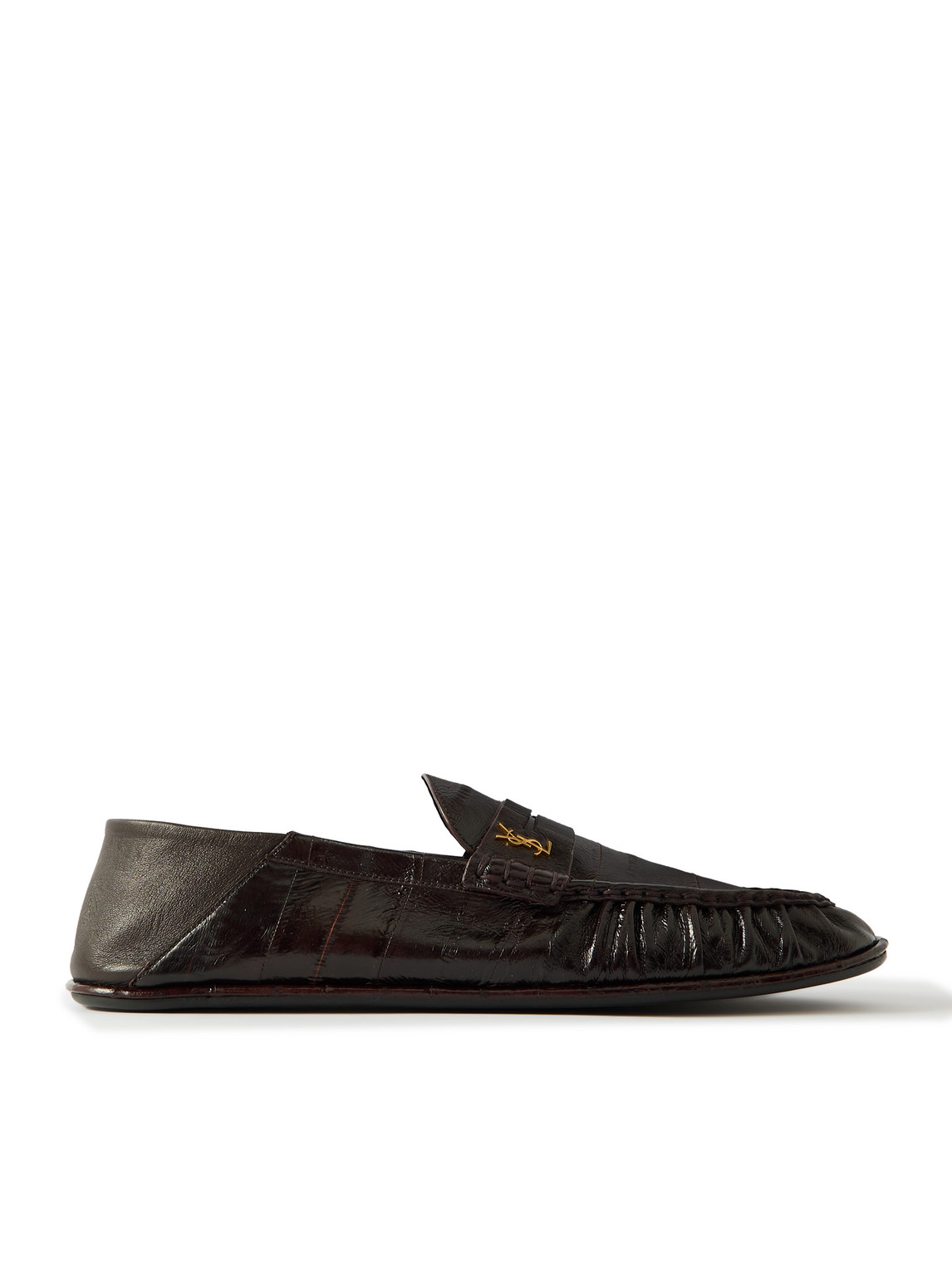 Saint Laurent Logo-embellished Collapsible-heel Leather Penny Loafers In Brown