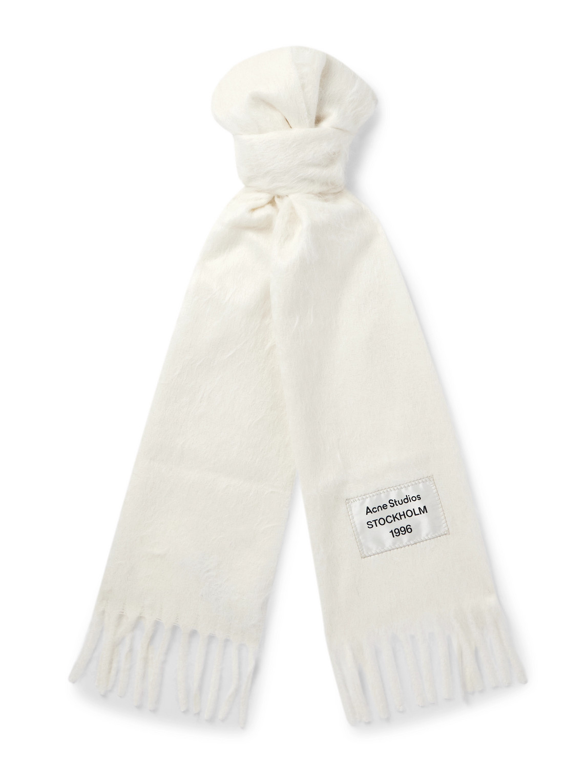 Acne Studios Viper Logo-appliquèd Fringed Alpaca-blend Scarf In White