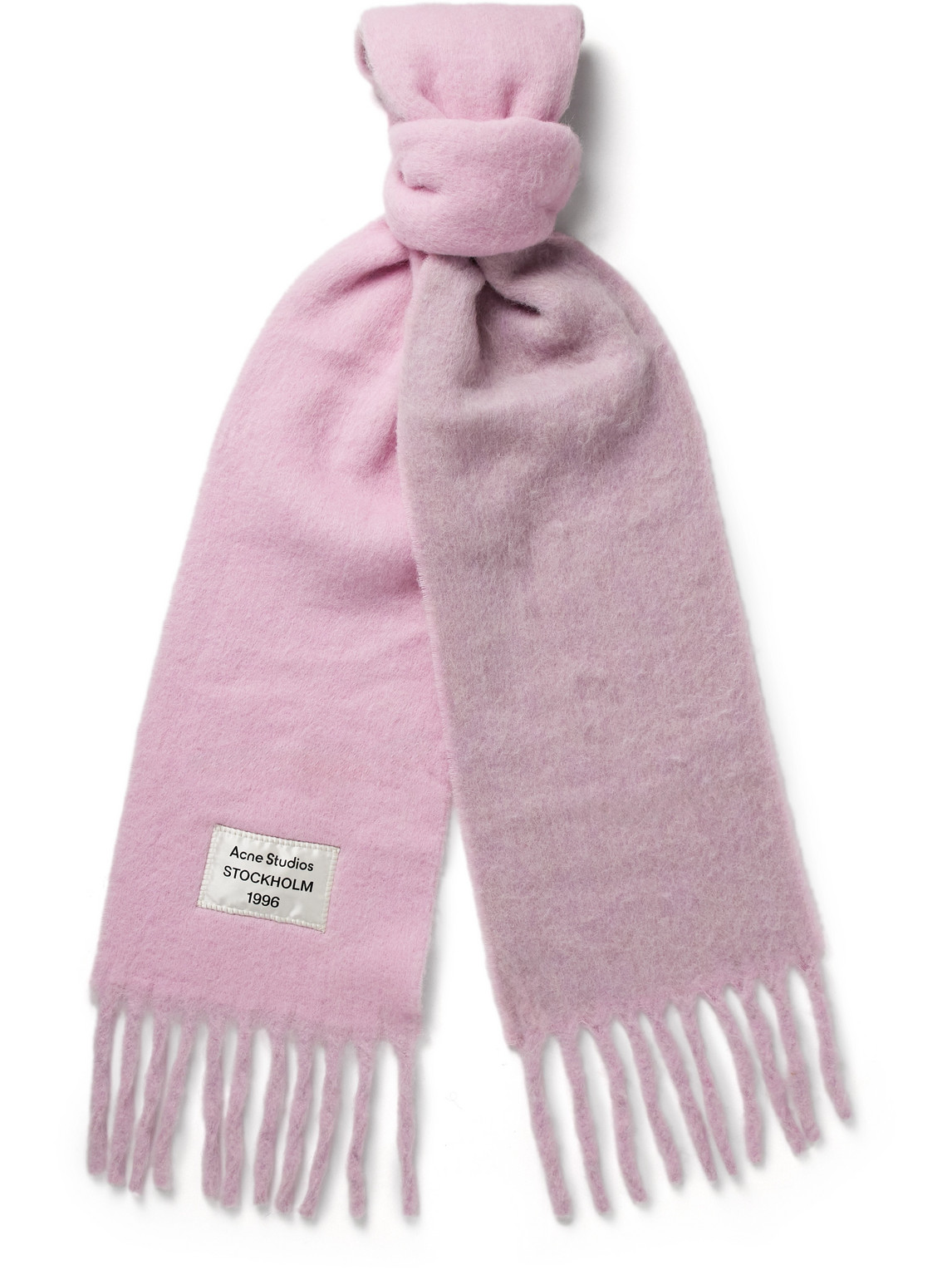 Acne Studios Volly Colour-block Fringed Logo-appliquéd Alpaca-blend Scarf In Pink