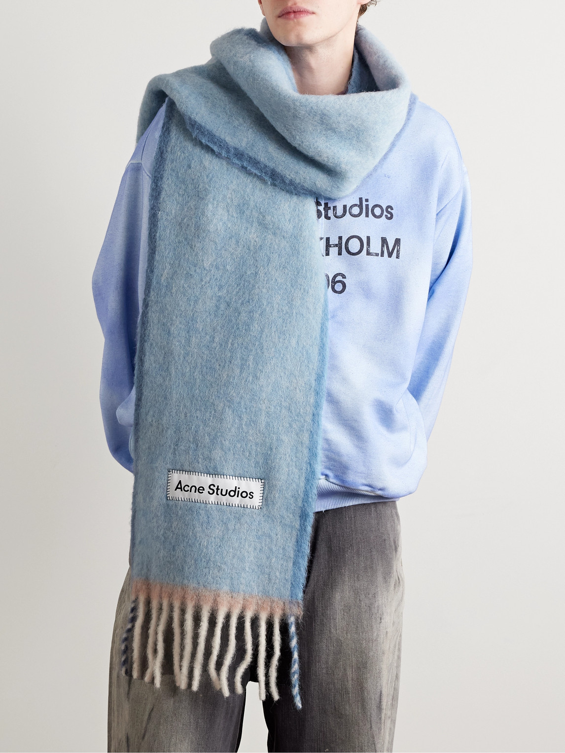 Shop Acne Studios Vally Logo-appliquéd Fringed Knitted Scarf In Blue