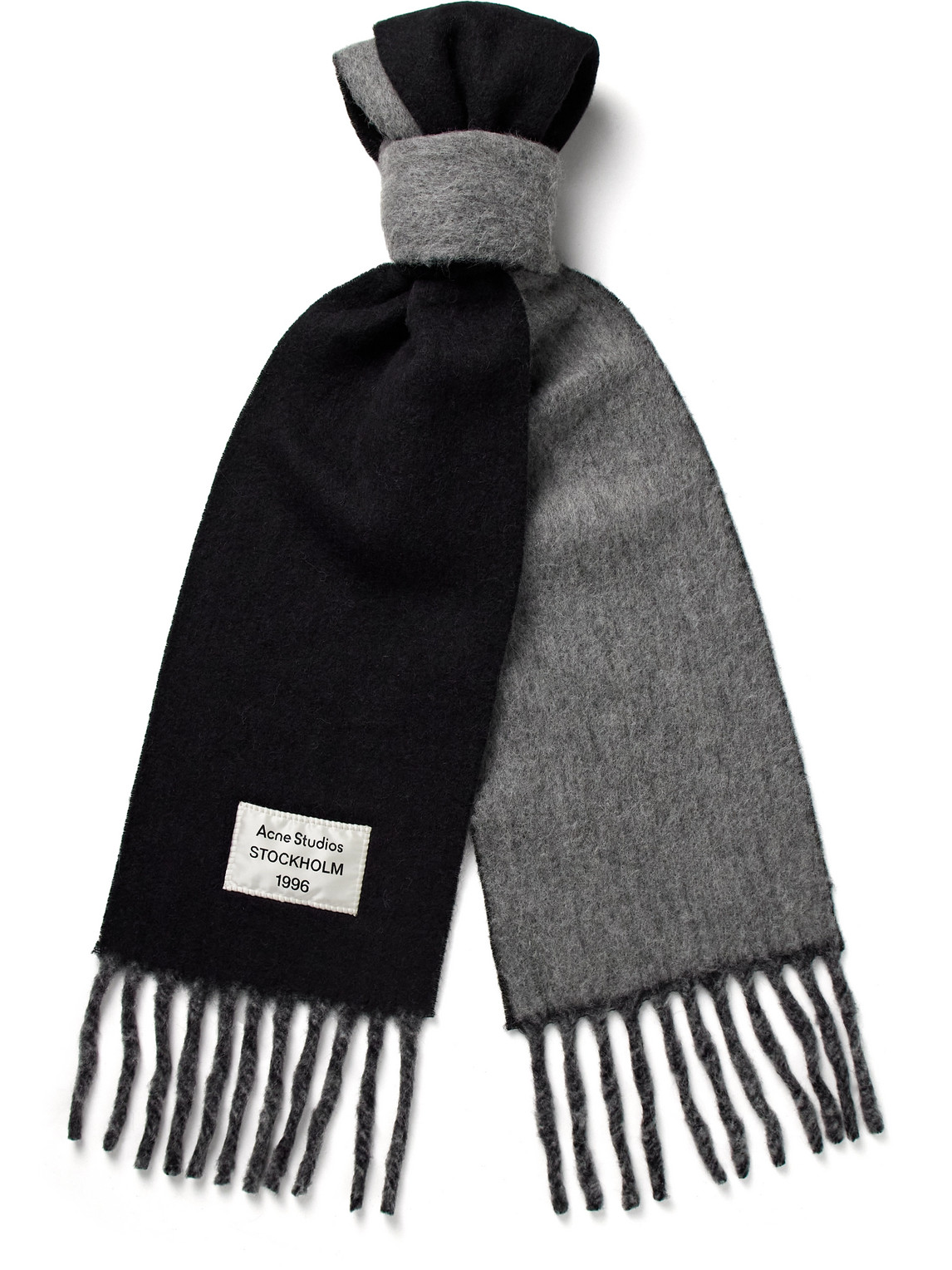 Acne Studios Volly Colour-block Fringed Logo-appliquéd Alpaca-blend Scarf In Black