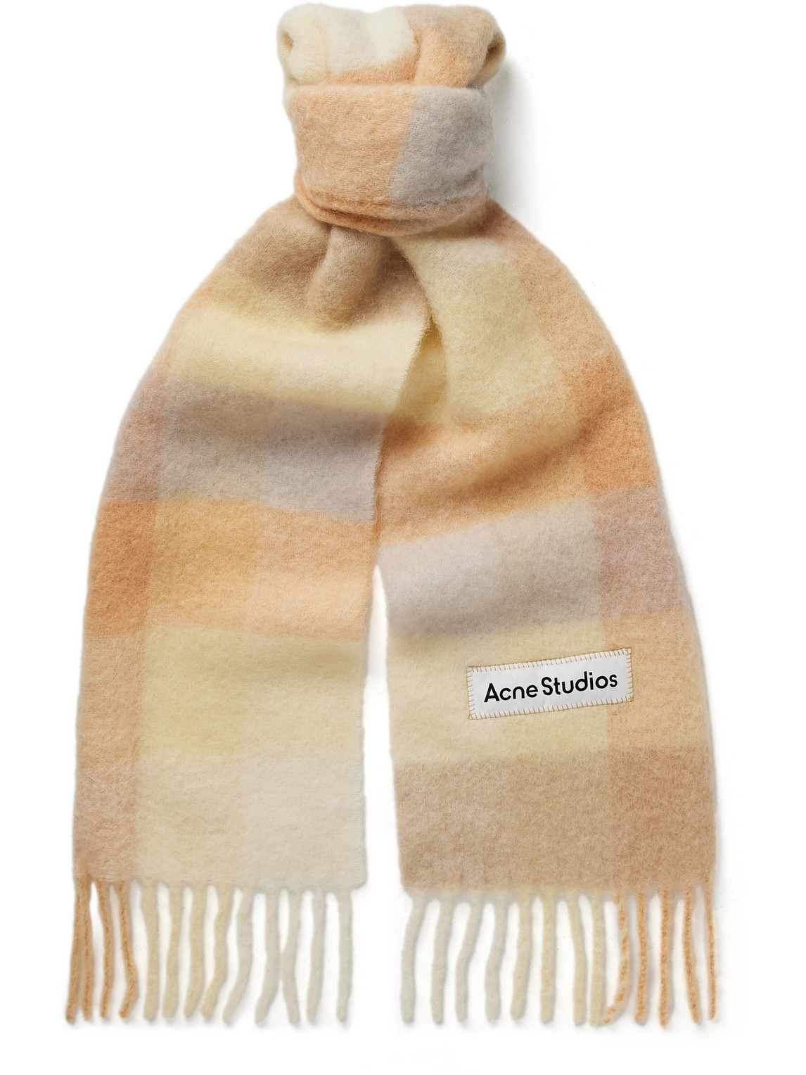 Acne Studios Vally Logo-appliquéd Fringed Checked Knitted Scarf In Yellow