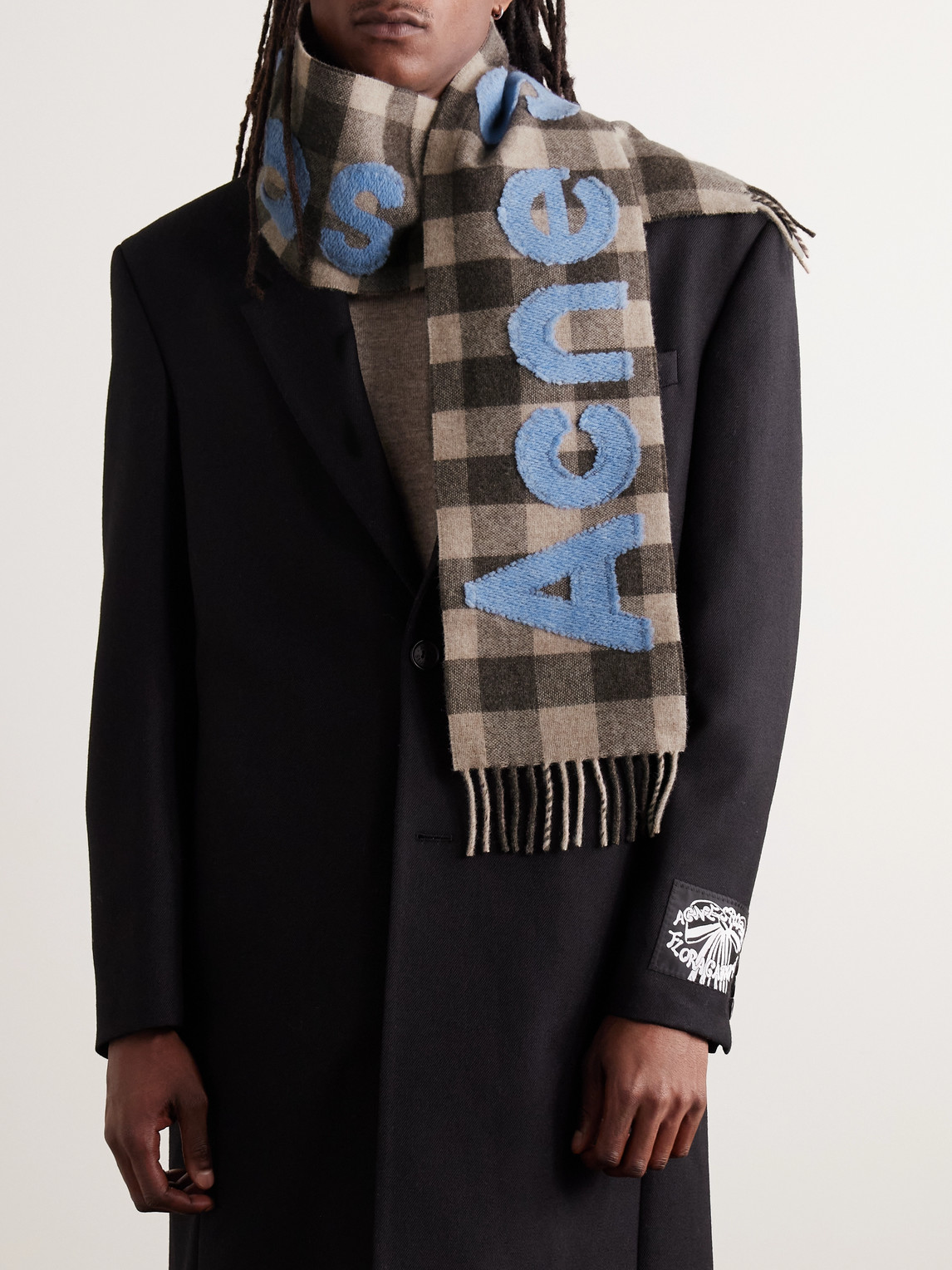 Acne Studios Veda Logo-appliquéd Fringed Checked Wool-blend Scarf In Brown