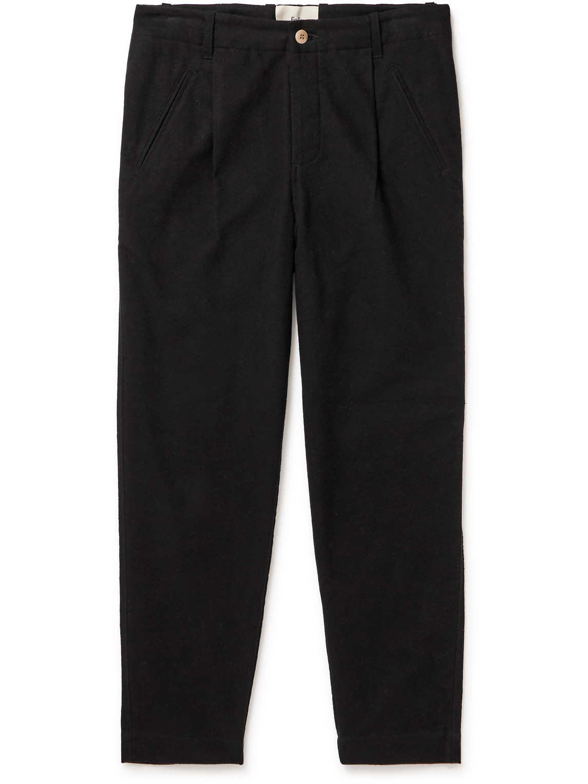 Folk Assembly Straight-leg Pleated Cotton-moleskin Trousers In Black
