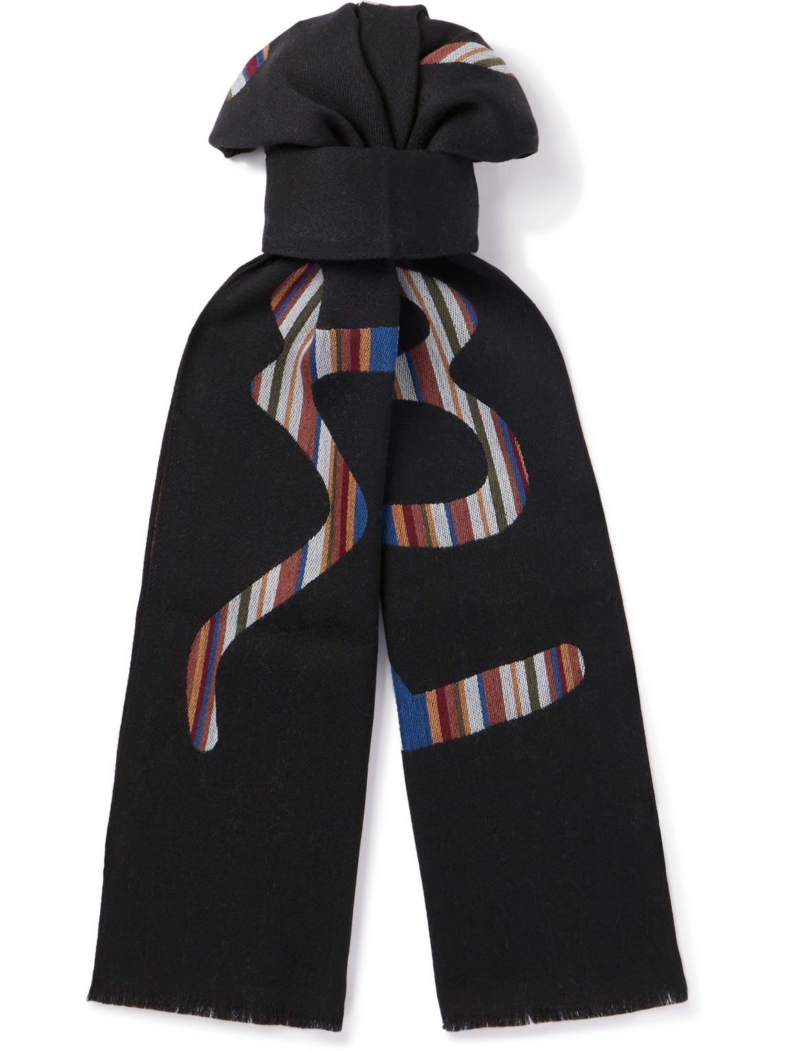 Paul Smith Frayed Logo-jacquard Striped Wool Scarf In Black