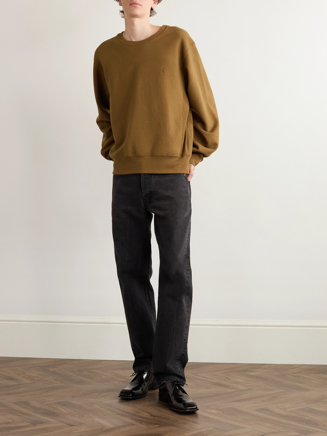 Saint Laurent Logo-embroidered Cotton-jersey Sweatshirt In Brown
