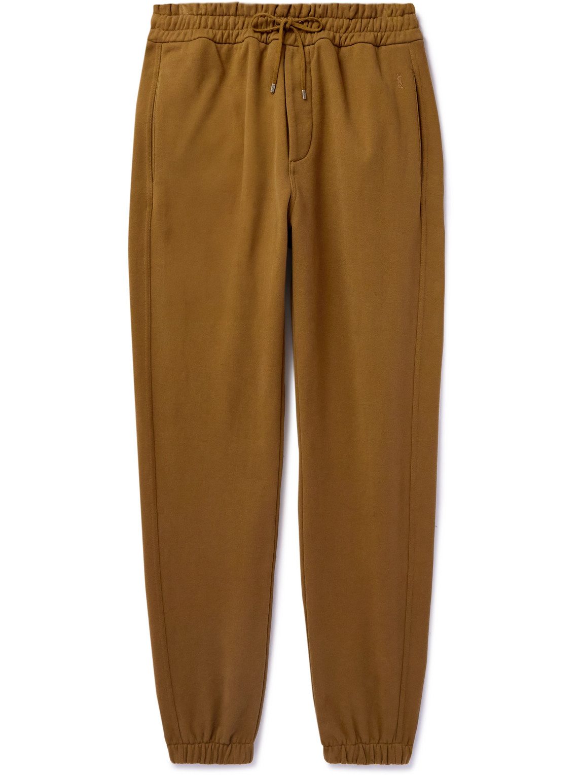 Saint Laurent Tapered Logo-embroidered Cotton-jersey Sweatpants In Brown