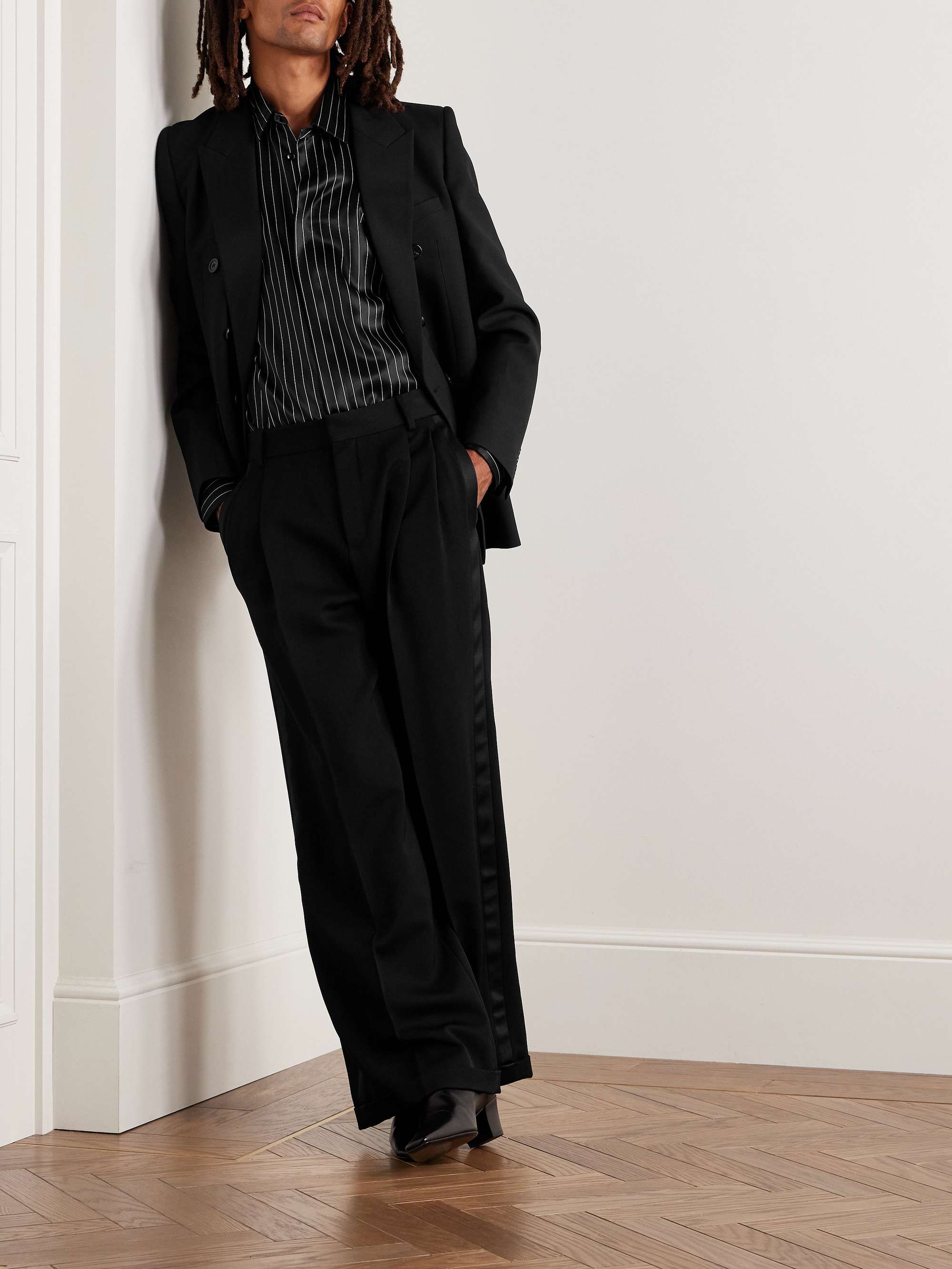 SAINT LAURENT Wide-Leg Satin-Trimmed Pleated Grain de Poudre